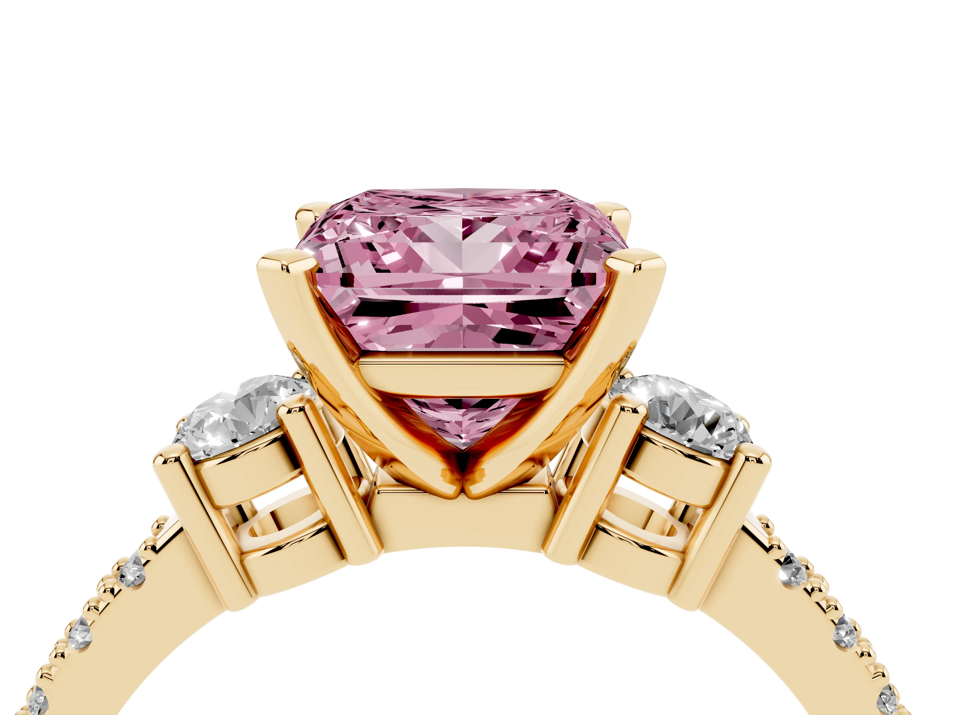 Fancy Pink Three-Stone Princess Cut Diamond Pavé Band Ring Set in Yellow gold with Prong Setting