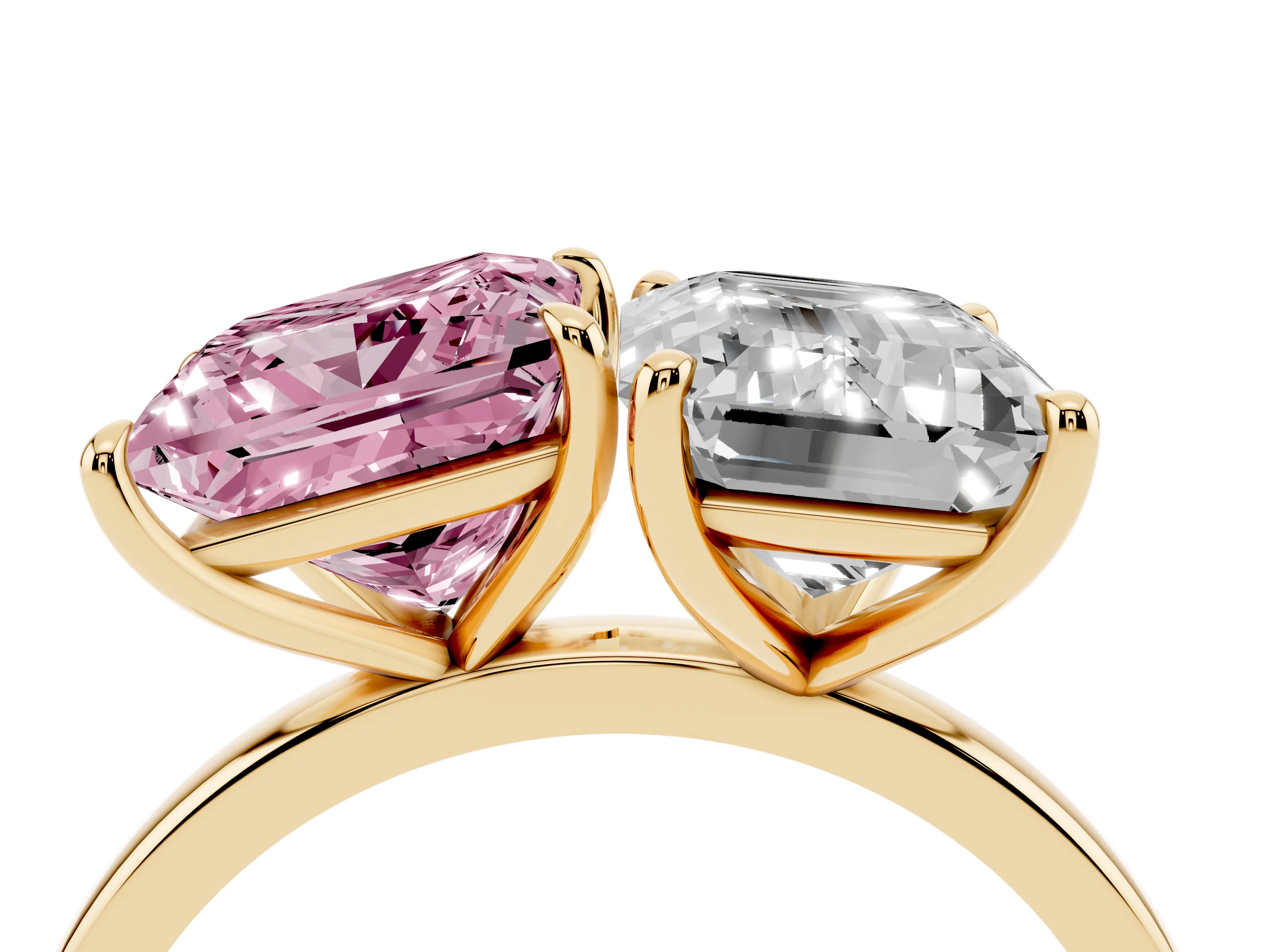 Fancy Pink Princess Cut and Emerald Cut Toi Moi Ring Set in Yellow gold with Prong Setting