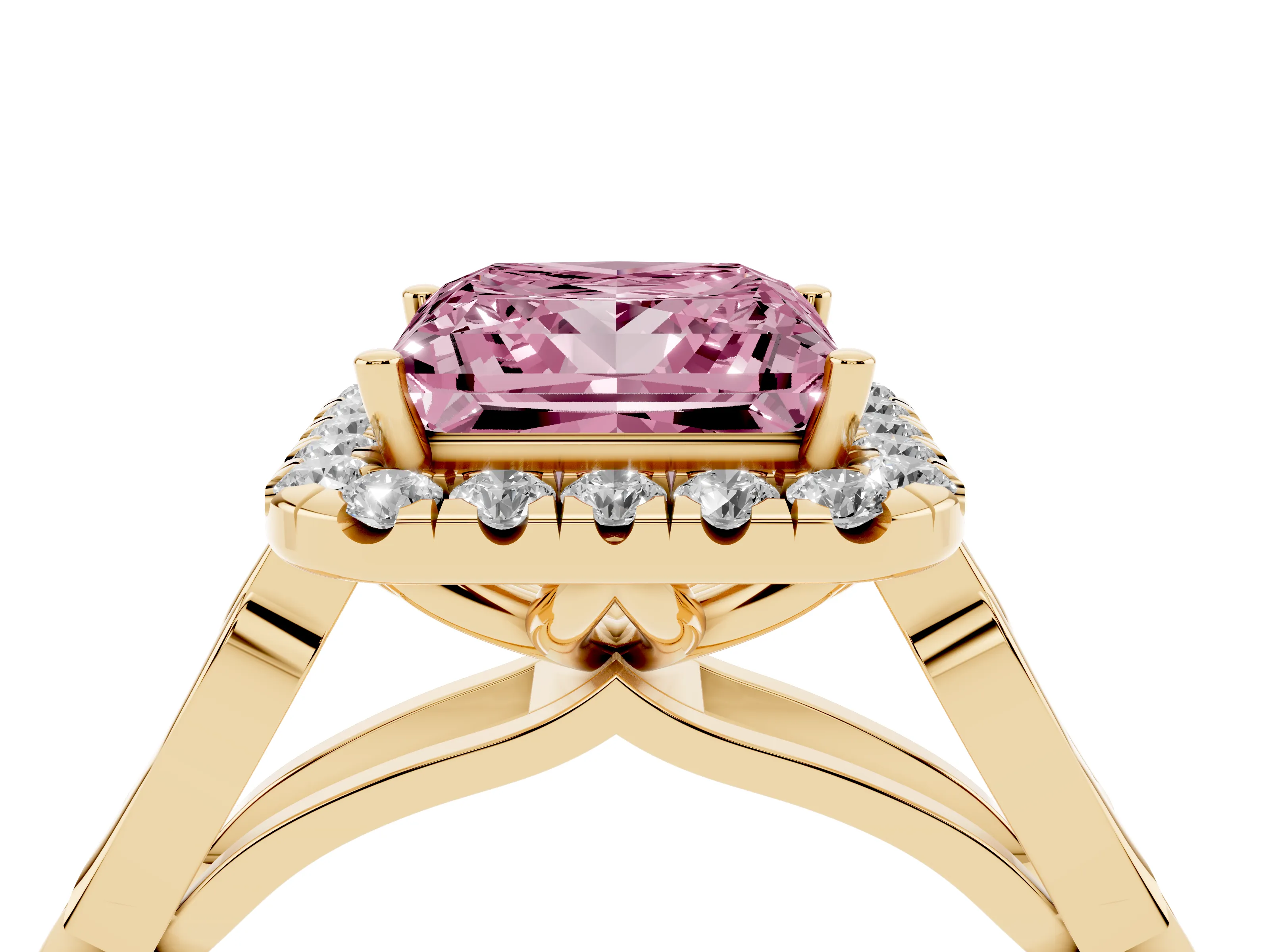 Fancy Pink Princess Cut Diamond Halo Engagement Ring Set in Yellow gold with Filigree Band and Prong-Set Center