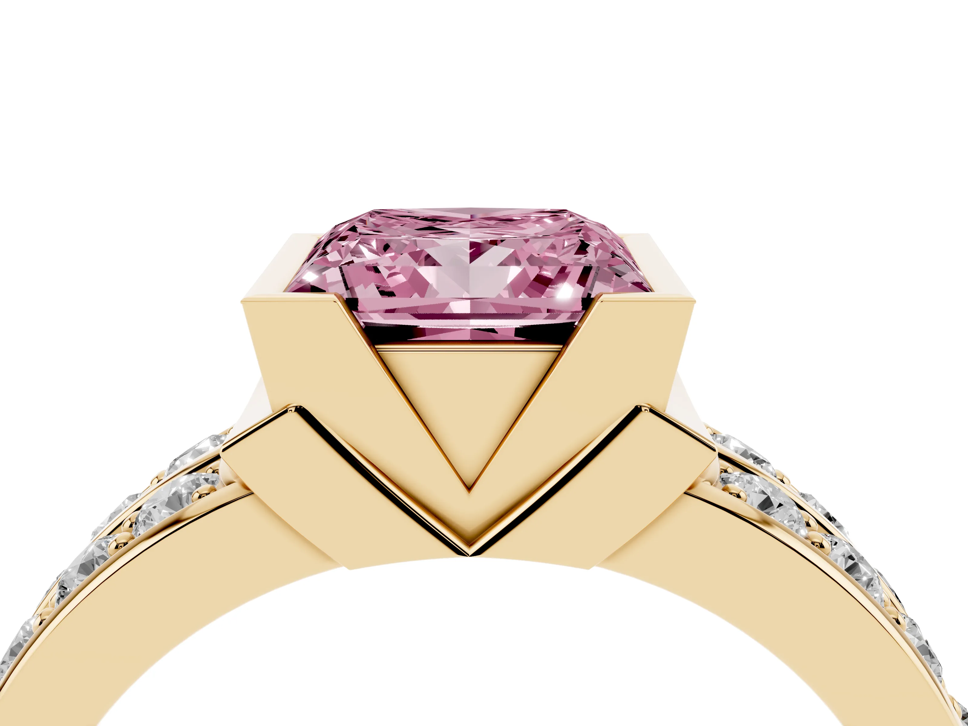 Fancy Pink Princess Cut Diamond Wide Channel Set Band Ring Set in Yellow gold with Bezel Setting