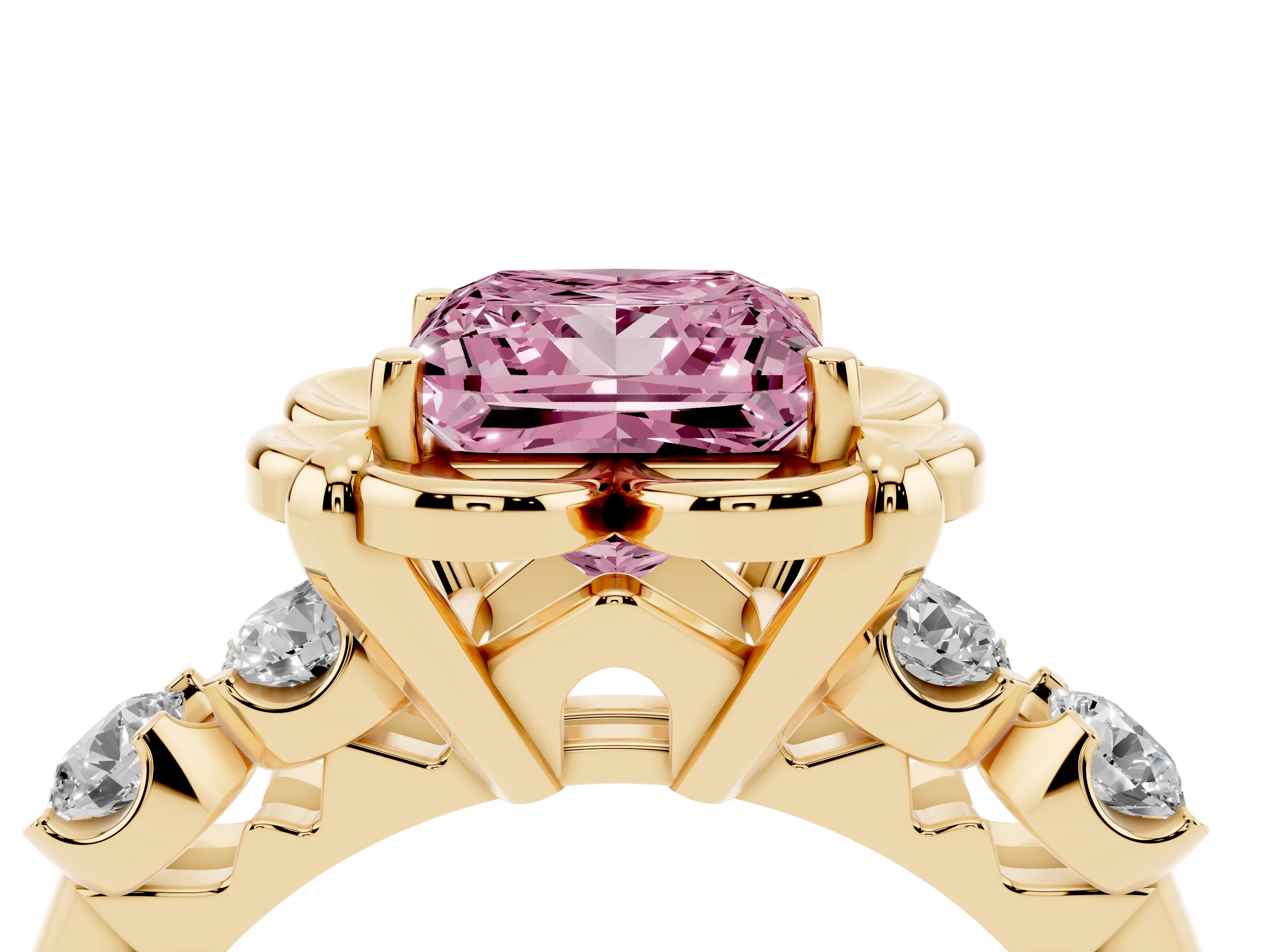 Fancy Pink Princess Cut Diamond Floral Halo Ring Set in Yellow gold with Shared Prong Band