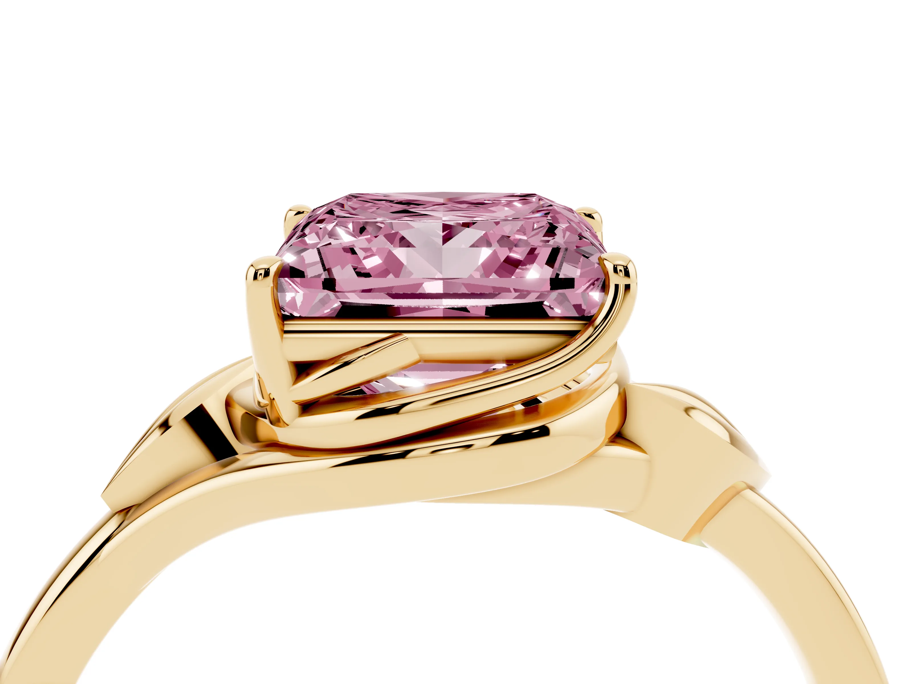 Fancy Pink Princess Cut Diamond Solitaire Ring Set in Yellow gold with Polished Twist Band