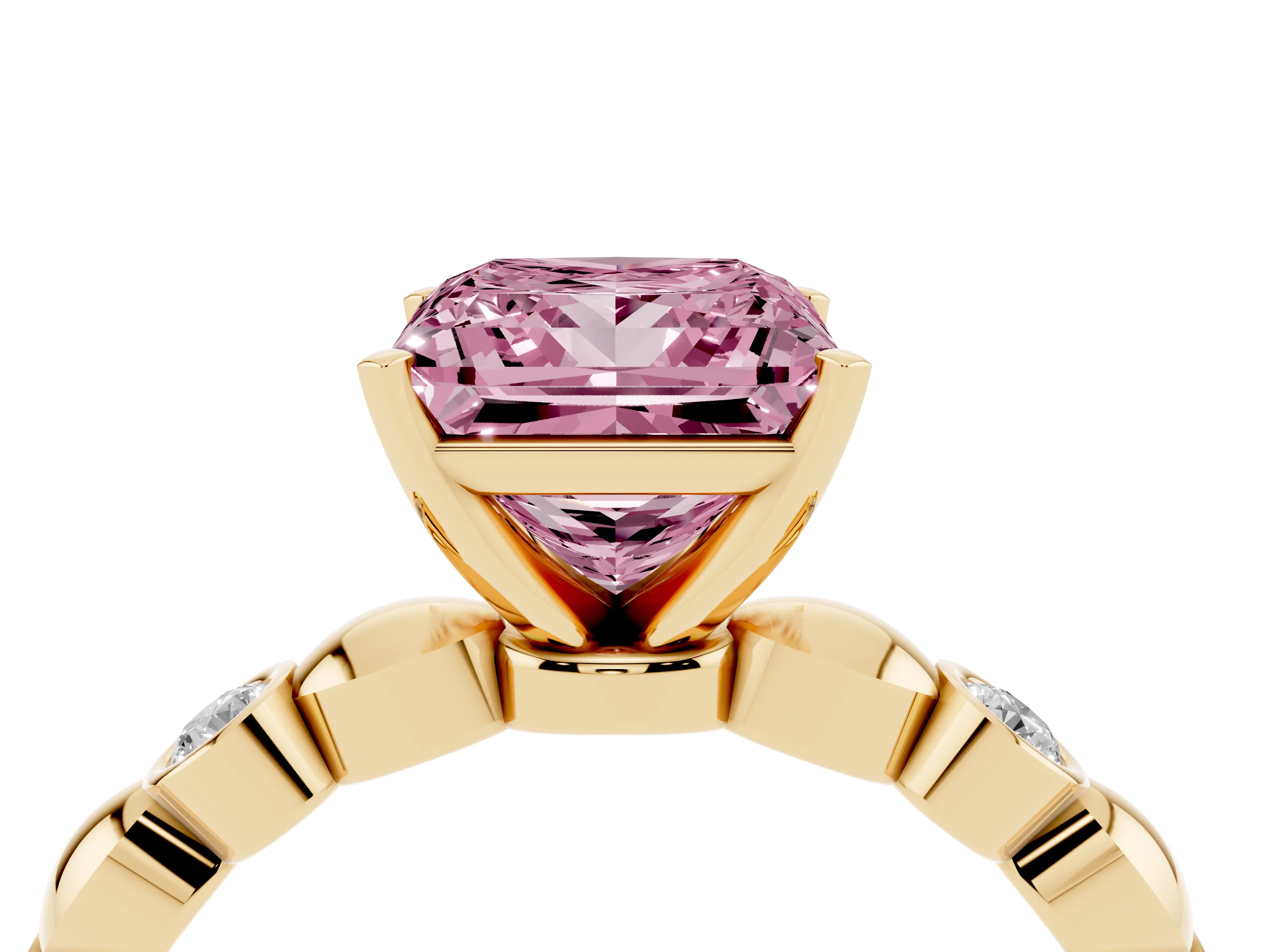 Fancy Pink Princess Cut Diamond Solitaire Ring Set in Yellow gold with Bezel-Set Accents on Beaded Band and Prong Setting