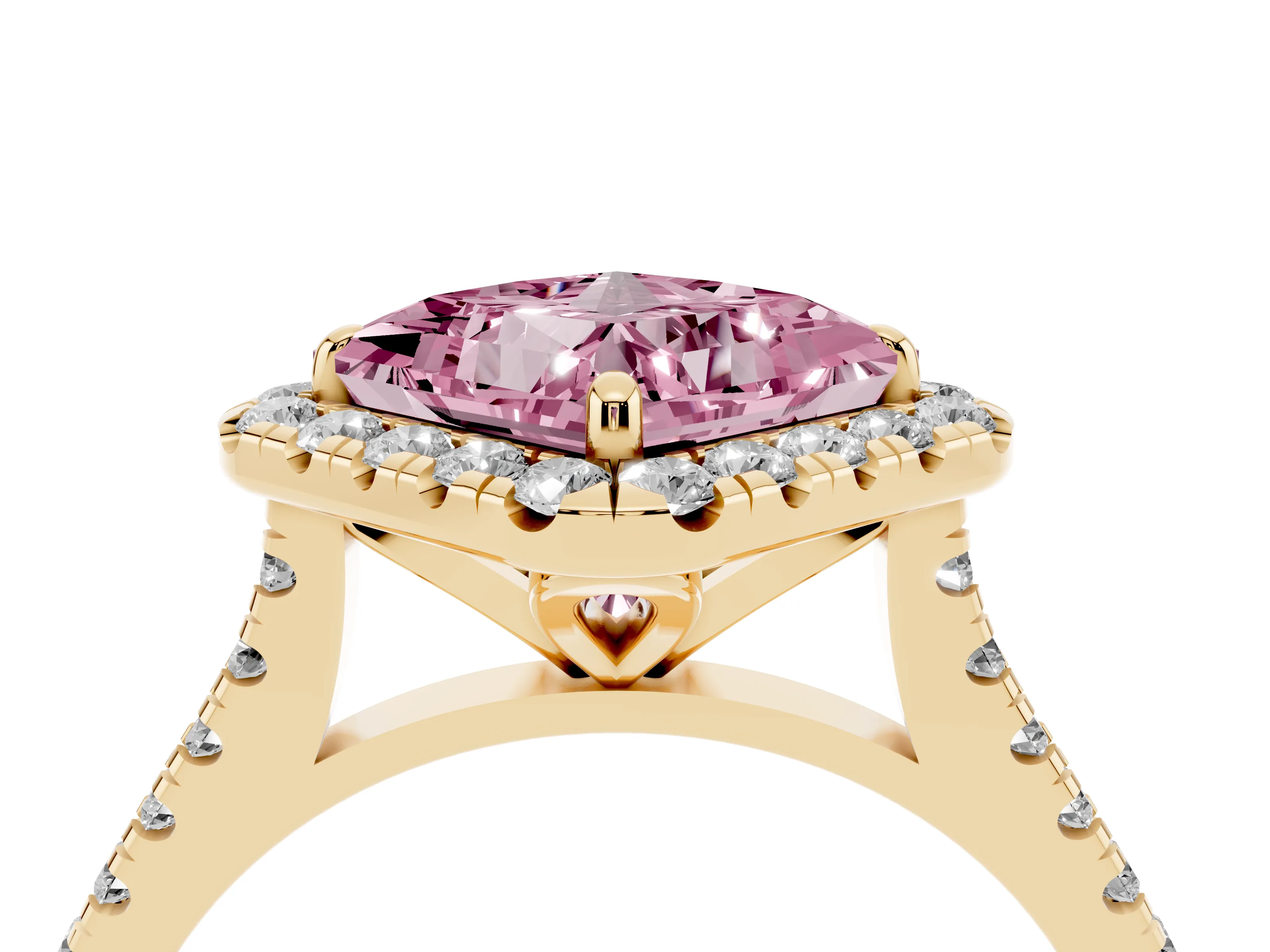 Fancy Pink Princess Cut Diamond Cushion Halo Ring Set in Yellow gold with Pavé Band