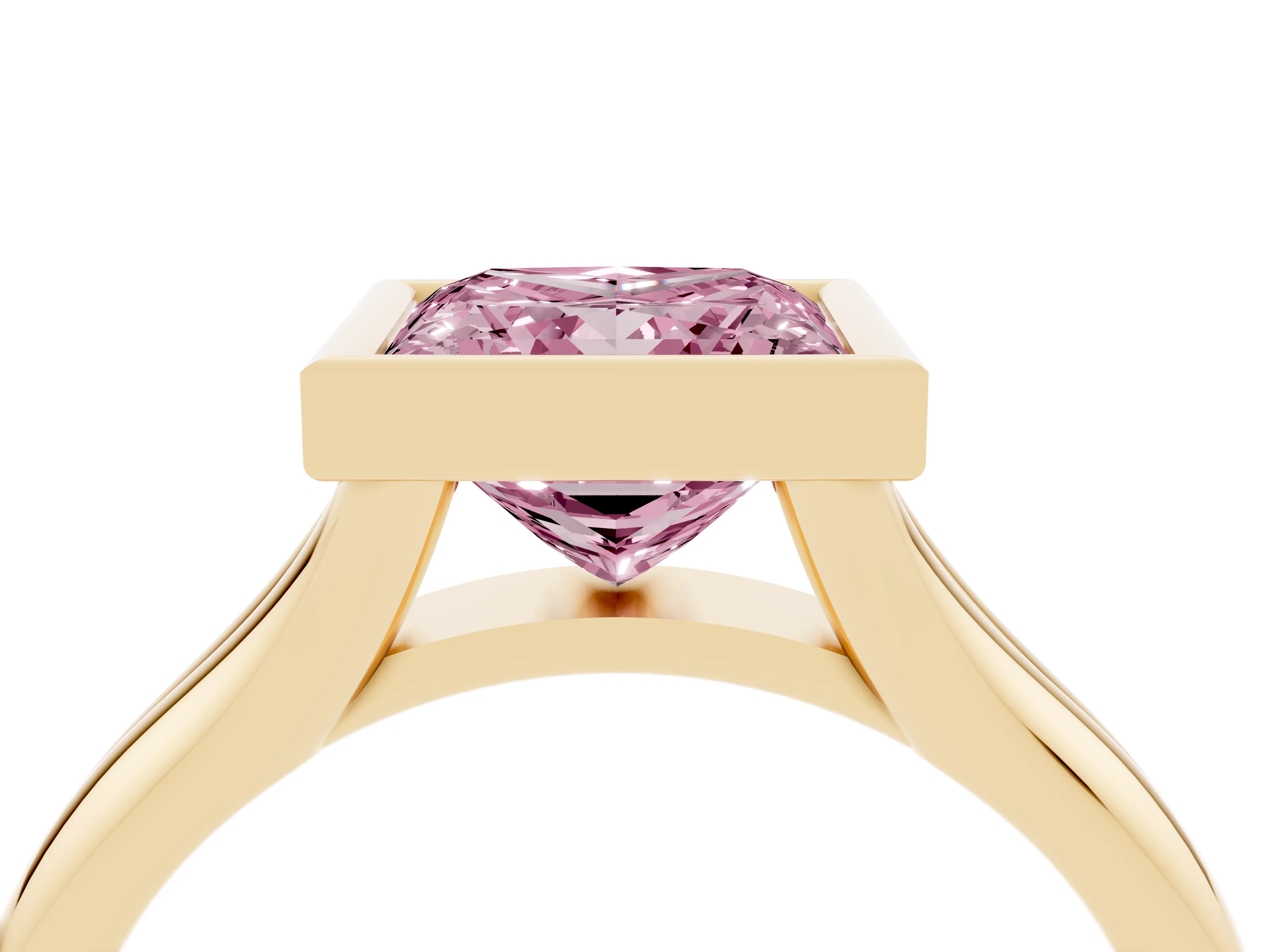 Fancy Pink Bezel Set Princess Cut Diamond Solitaire Ring Set in Yellow gold with Smooth Band
