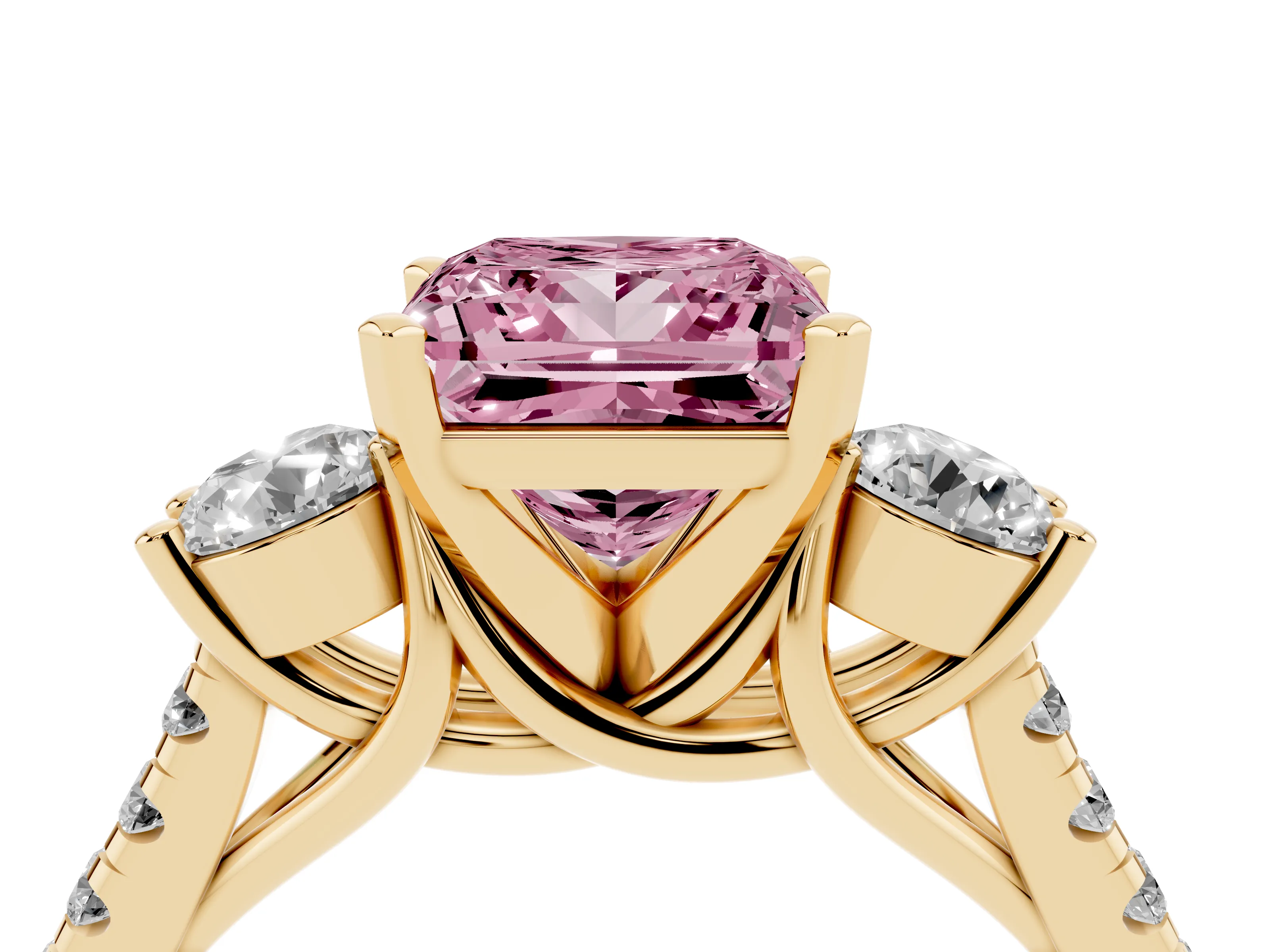 Fancy Pink Three-Stone Princess Cut Diamond Pavé Band Ring Set in Yellow gold with Prong-Set Trio