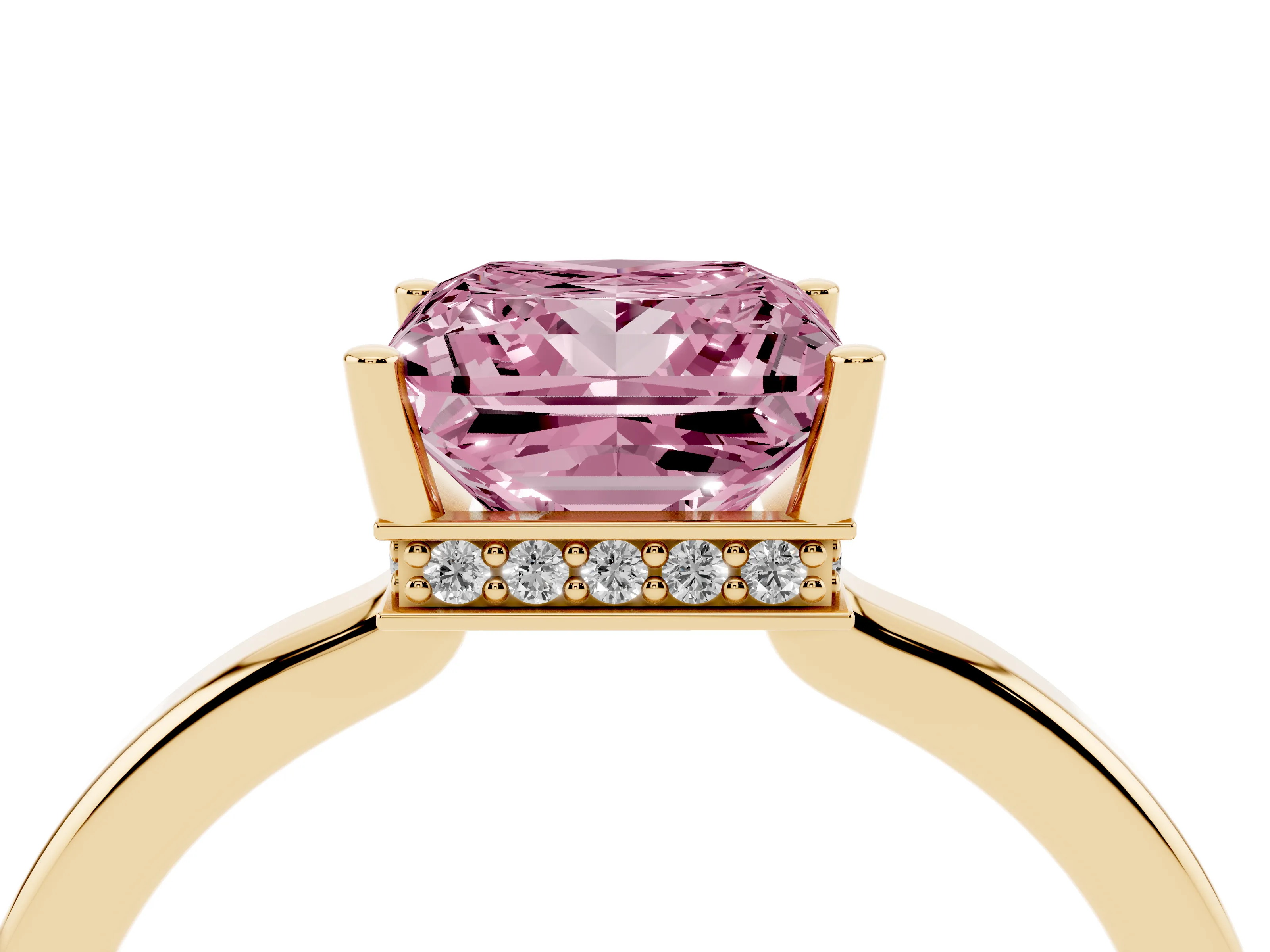 Fancy Pink Princess Cut Diamond Solitaire Engagement Ring Set in Yellow gold with Prong Setting on a Plain Band
