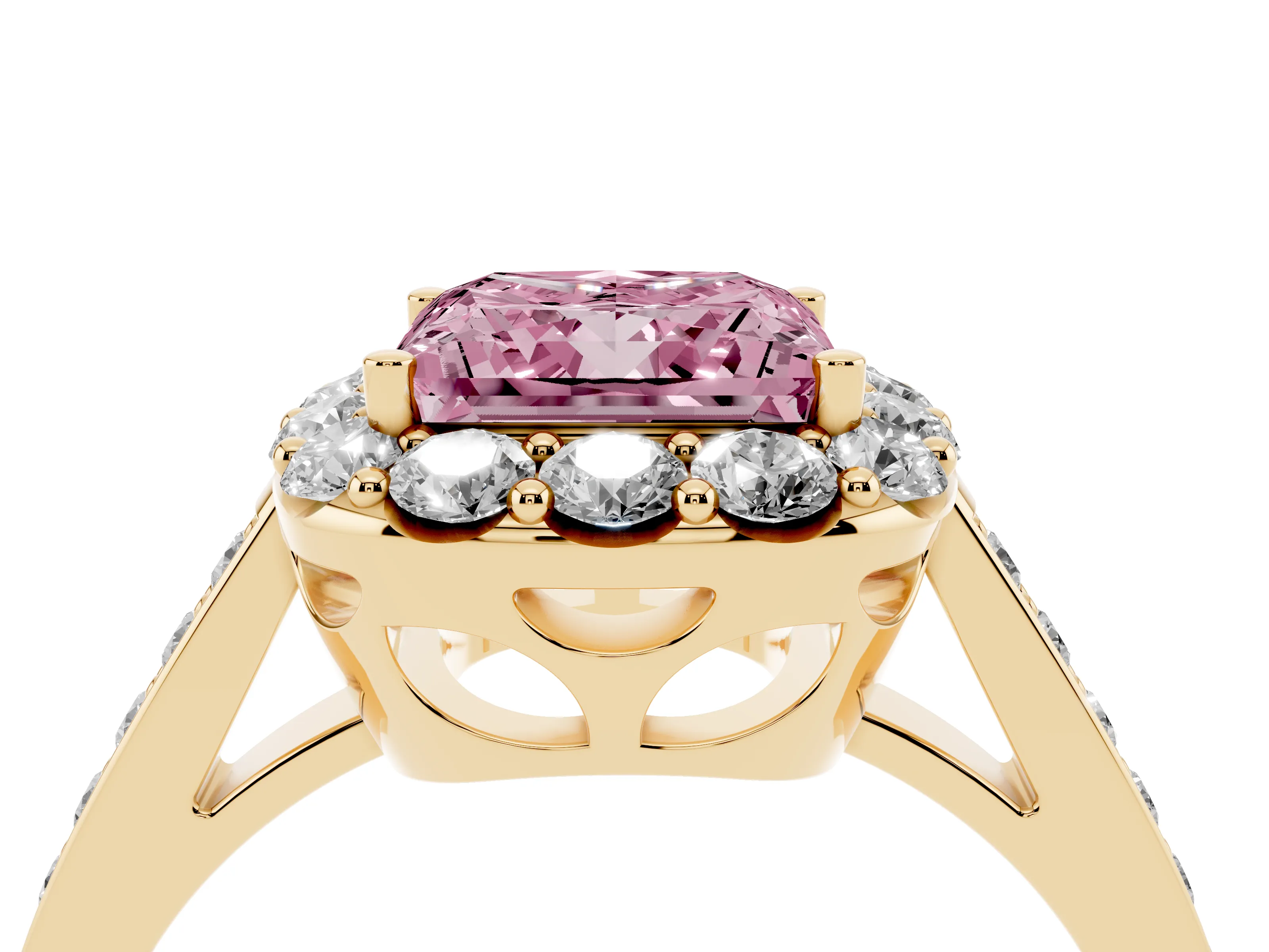 Fancy Pink Princess Cut Diamond Floral Halo Ring Set in Yellow gold with Pavé Band and Prong Setting