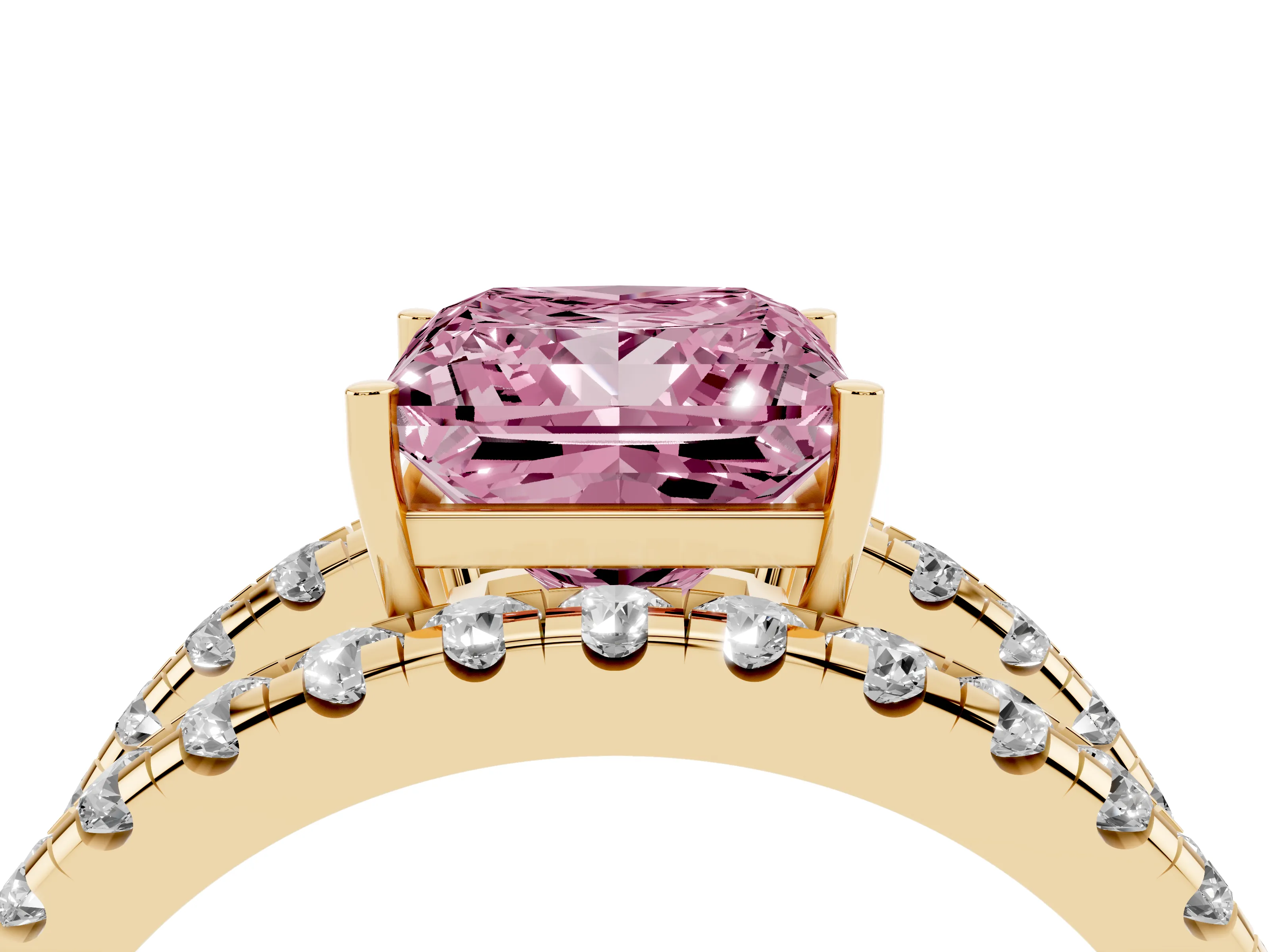 Fancy Pink Princess Cut Diamond Split Shank Pavé Solitaire Ring Set in Yellow gold with Open Shank Design