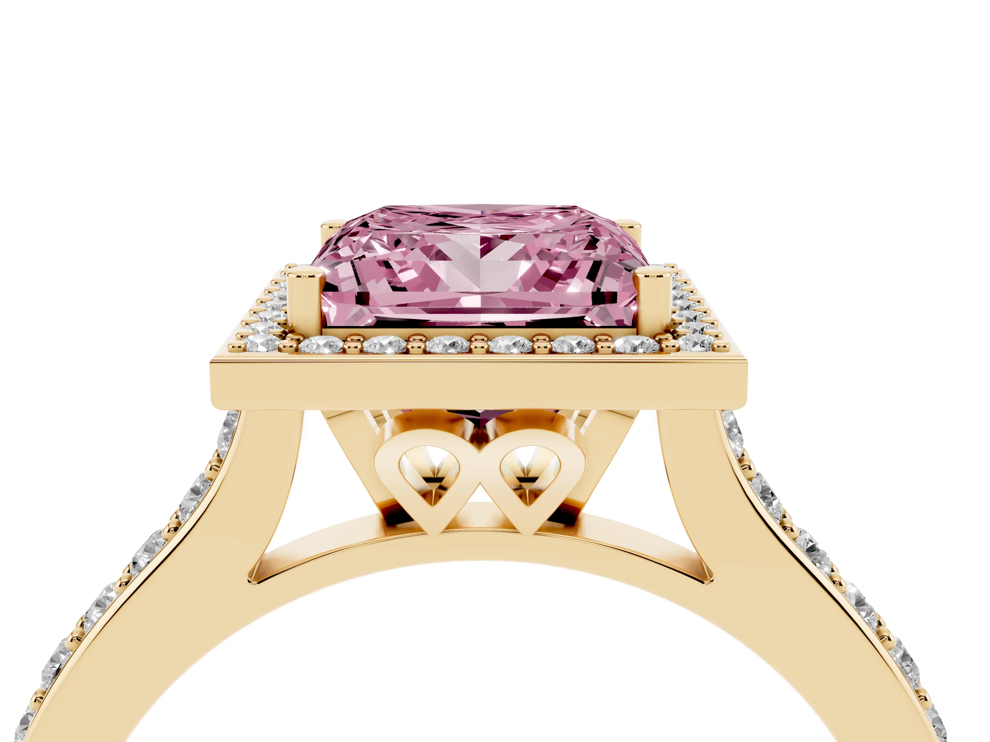 Fancy Pink Princess Cut Diamond Halo Engagement Ring Set in Yellow gold with Round Pavé Shoulders and Heart Gallery