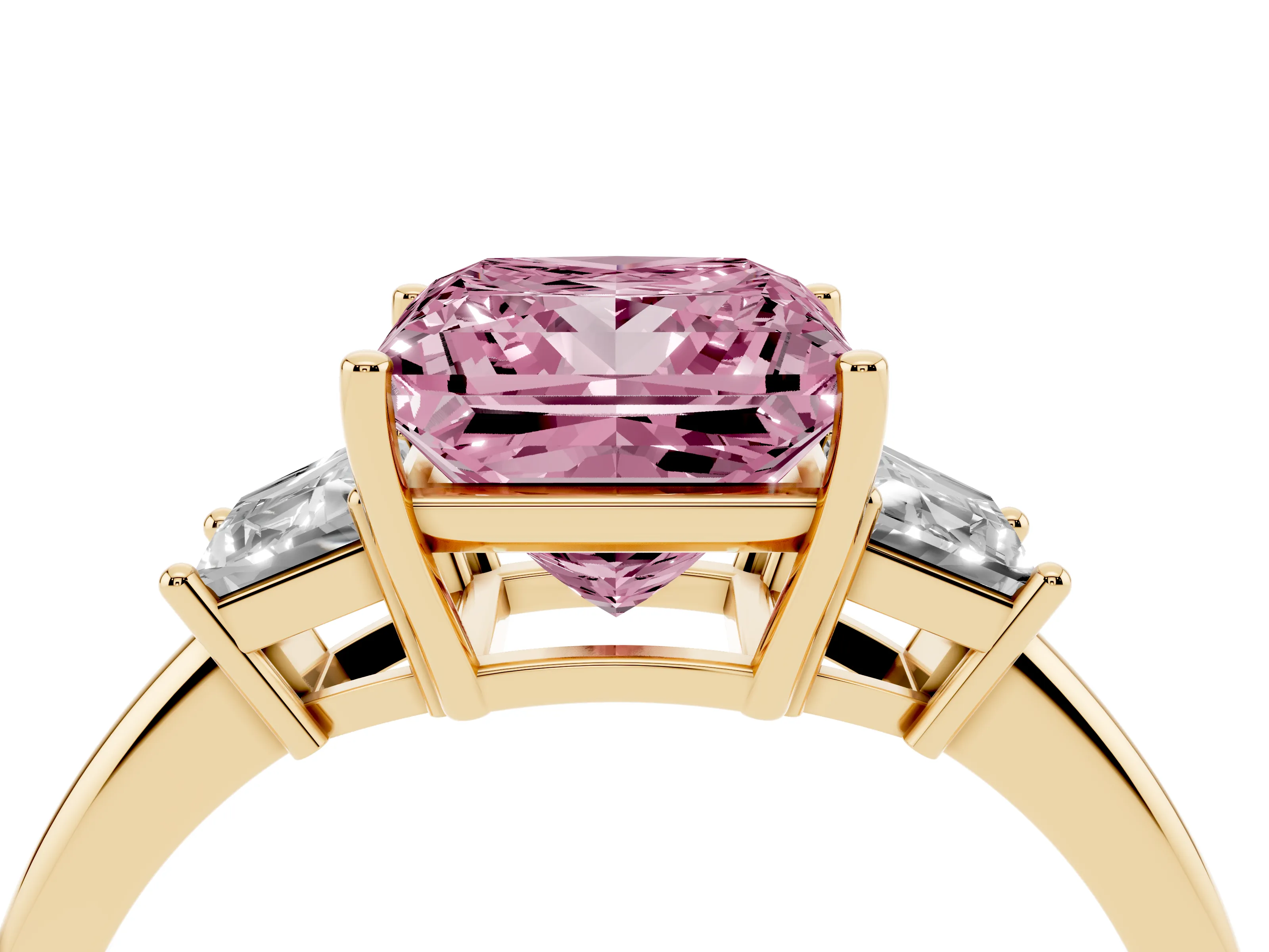 Fancy Pink Princess Cut Diamond Three-Stone Ring Set in Yellow gold with Trapezoid Side Stones and Prong Setting