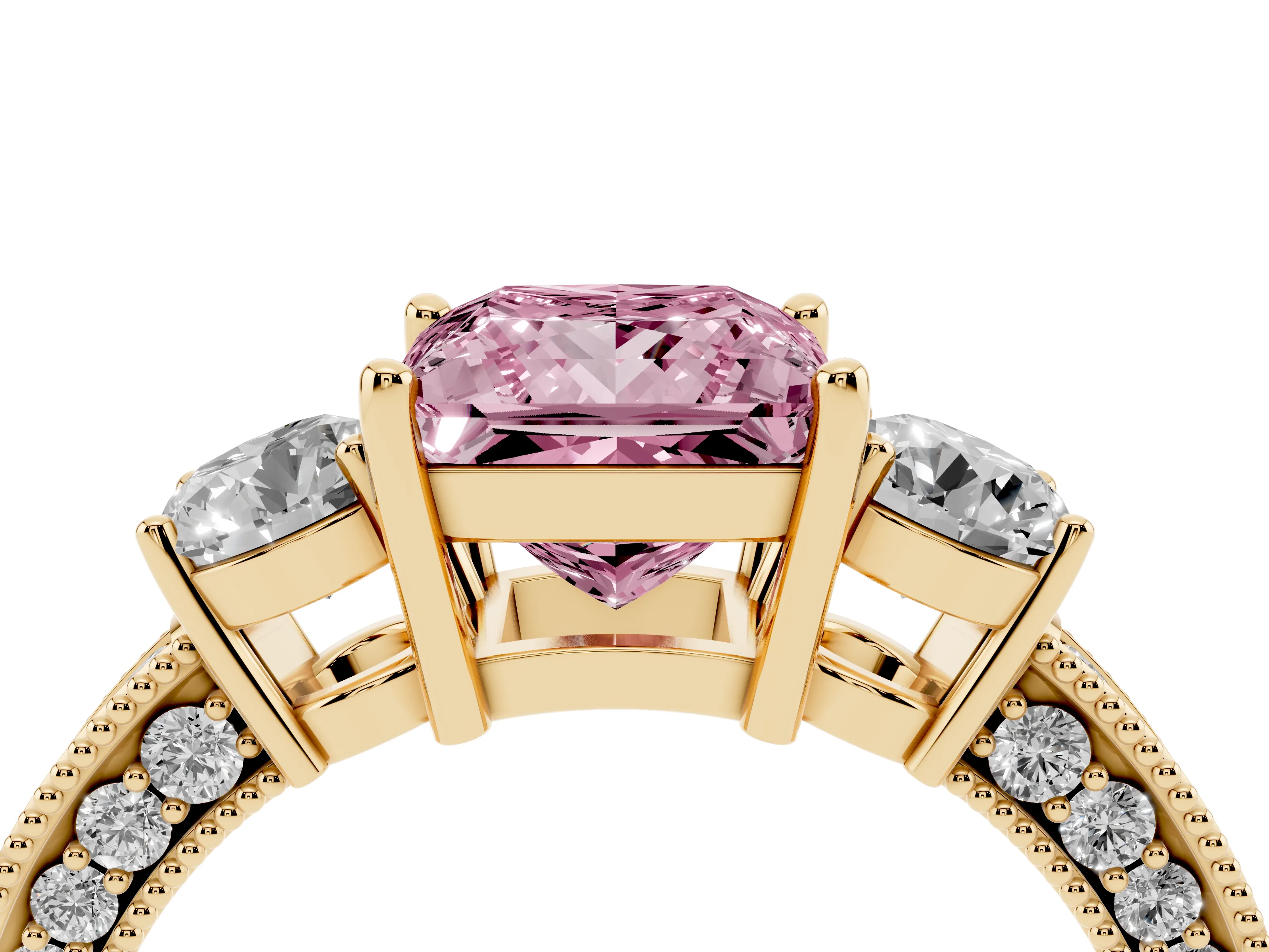 Fancy Pink Princess Cut Diamond Three-Stone Ring Set in Yellow gold with Round Side Stones and Pavé Band