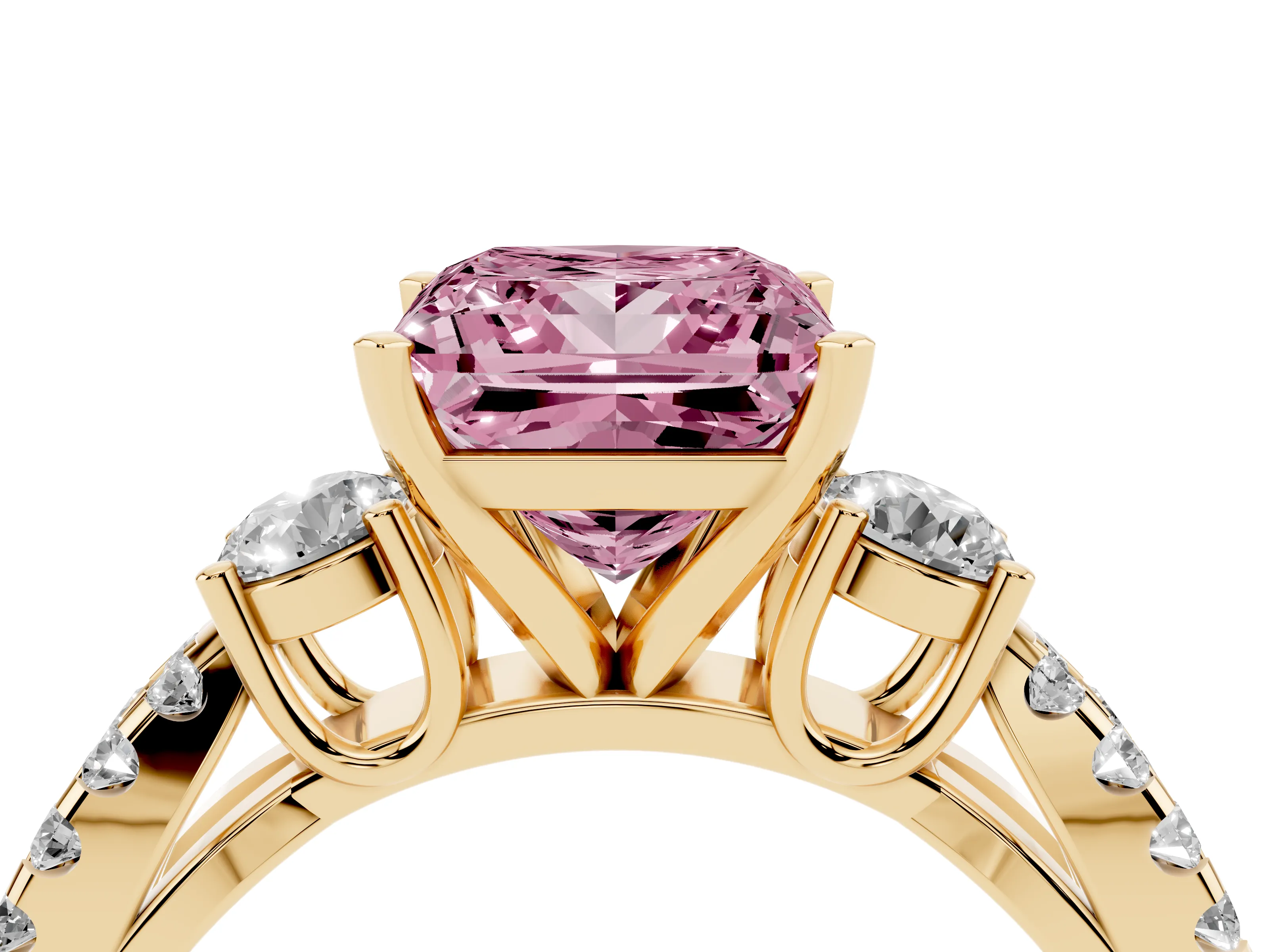 Fancy Pink Princess Cut Diamond Three-Stone Ring Set in Yellow gold with Pavé Split Shank and Prong Setting