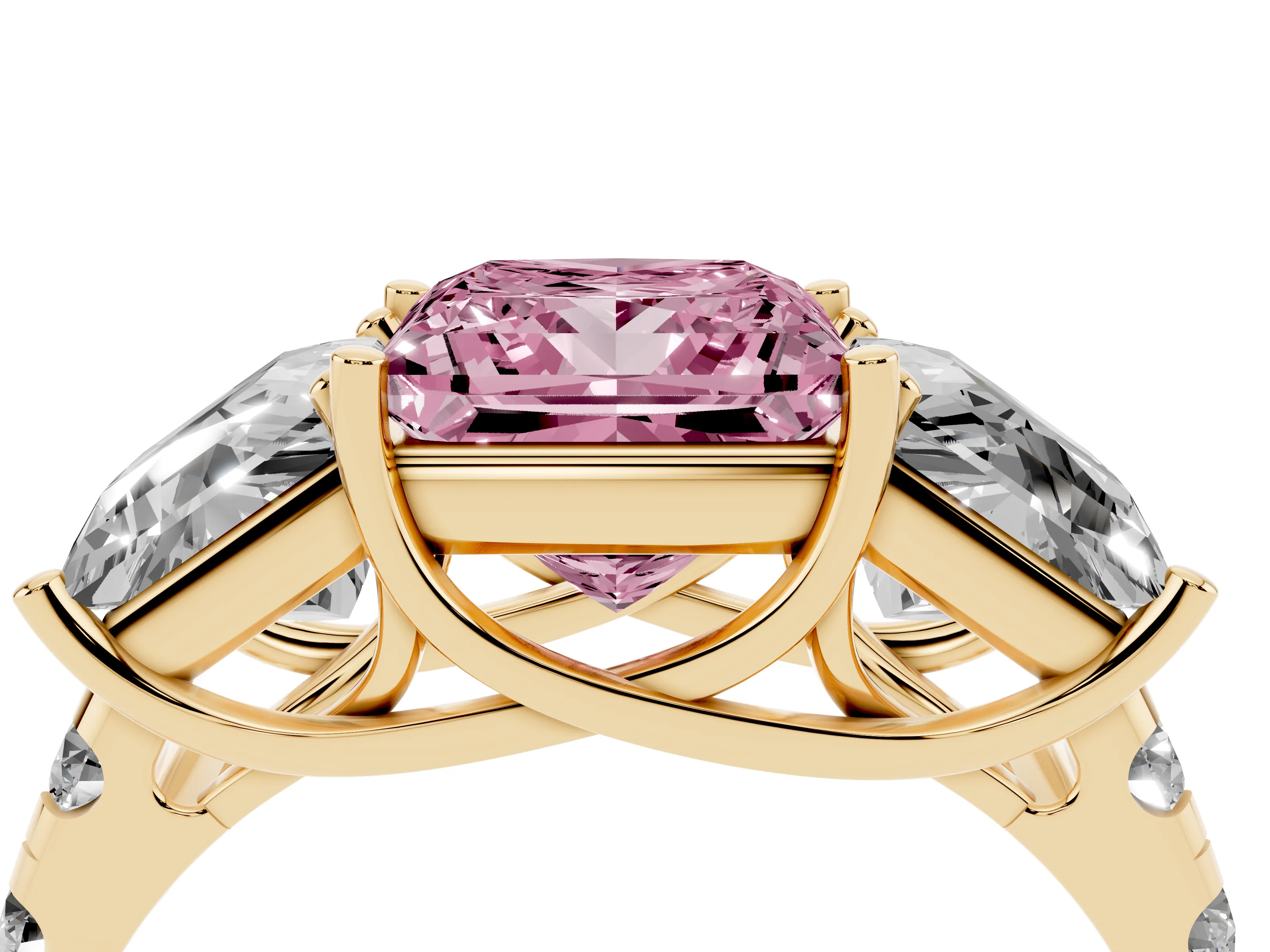 Fancy Pink Princess Cut Diamond Three-Stone Ring Set in Yellow gold with Pavé Band
