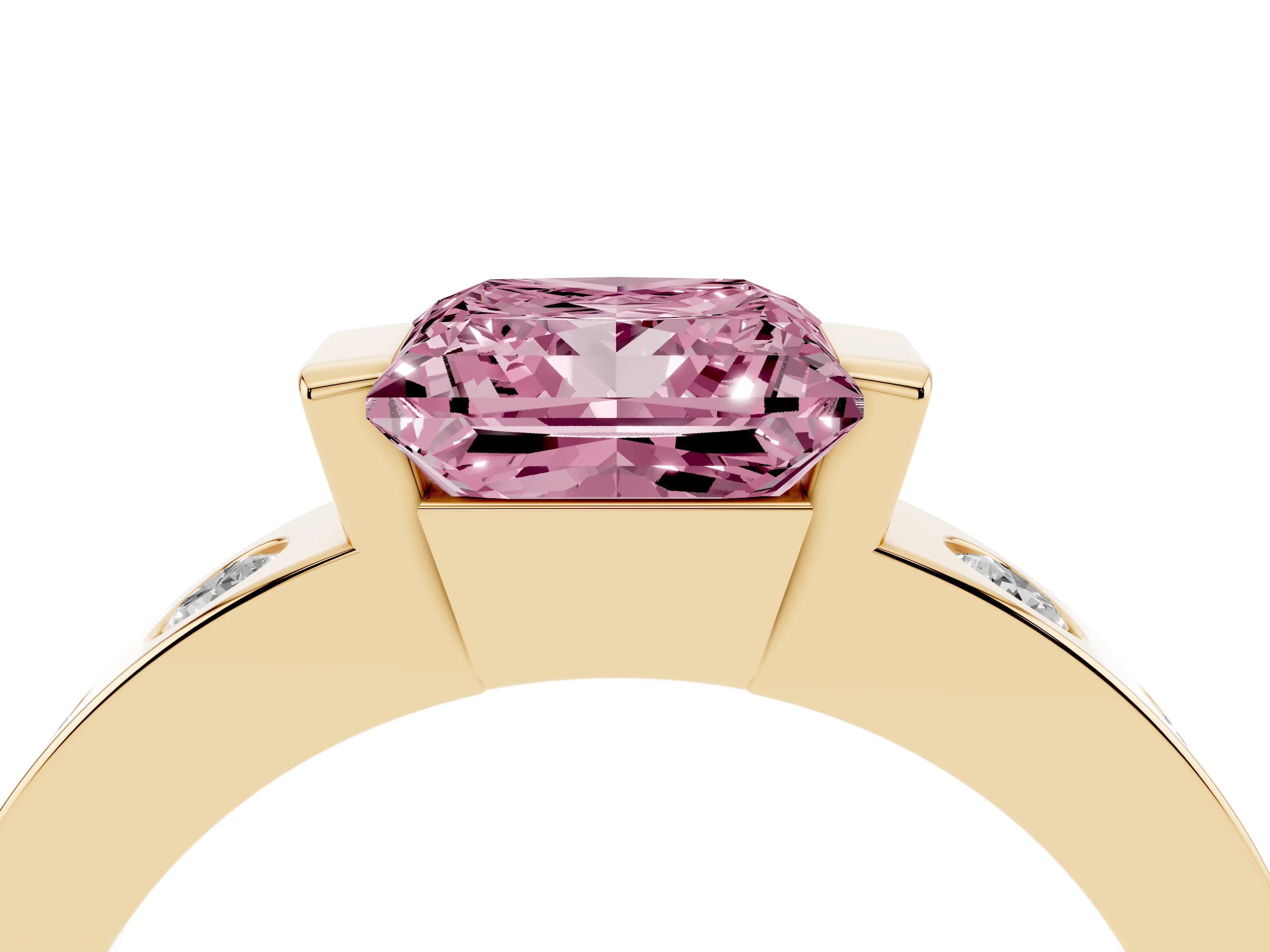 Fancy Pink Princess Cut Diamond Channel-Set Band Ring Set in Yellow gold with Bezel Prong Setting