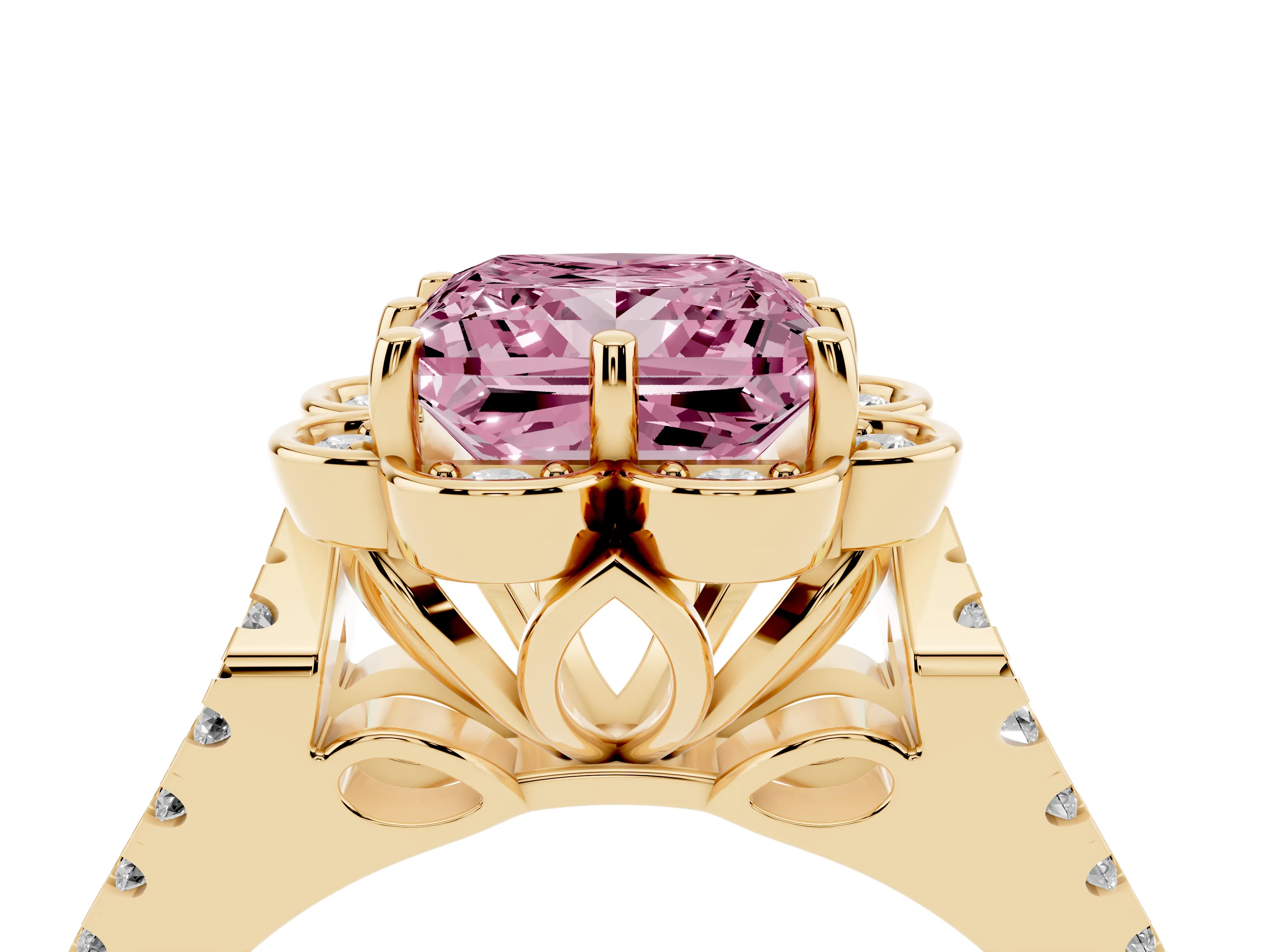 Fancy Pink Princess Cut Diamond Floral Halo Split Shank Engagement Ring Set in Yellow gold with Pavé Shank