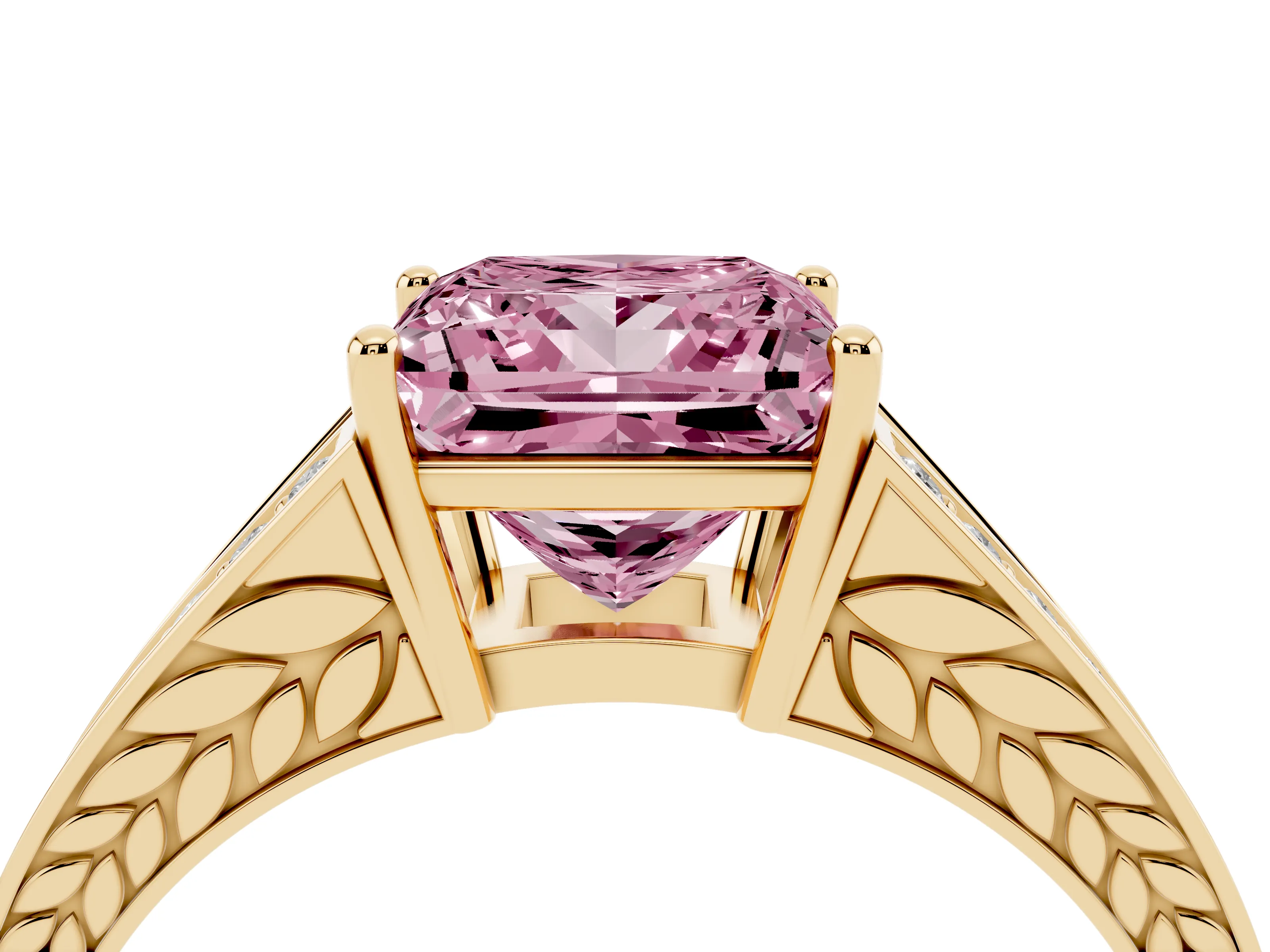 Fancy Pink Princess Cut Diamond Split Shank Ring Set in Yellow gold with Pavé Band and Prong Setting
