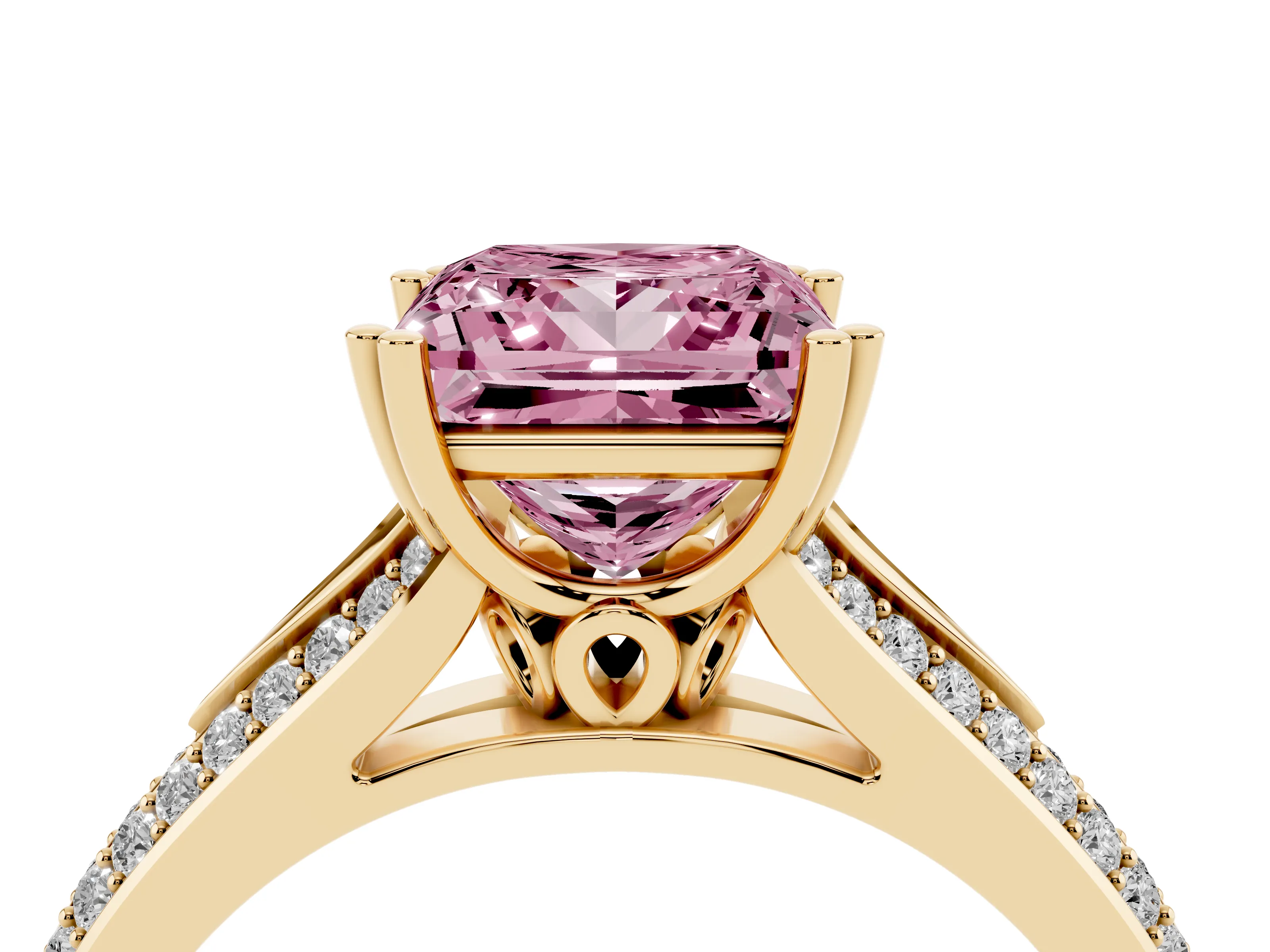 Fancy Pink Princess Cut Diamond Split Shank Pavé Engagement Ring Set in Yellow gold with Prong-Set Center Stone