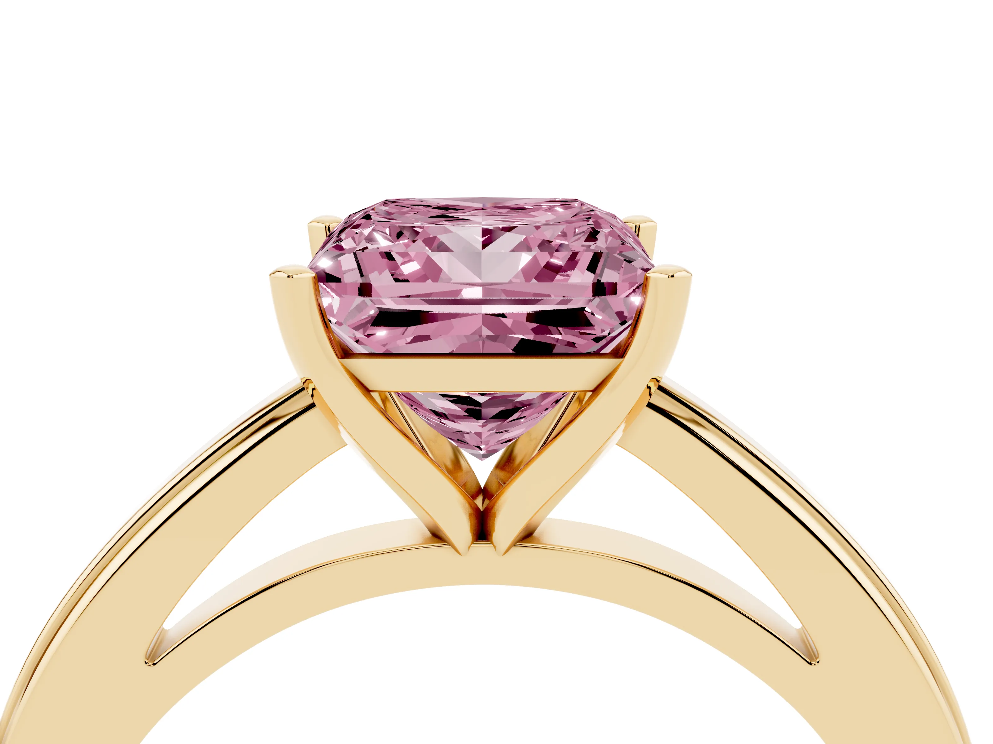 Fancy Pink Princess Cut Diamond Solitaire Ring Set in Yellow gold with Prong Setting and Classic Band