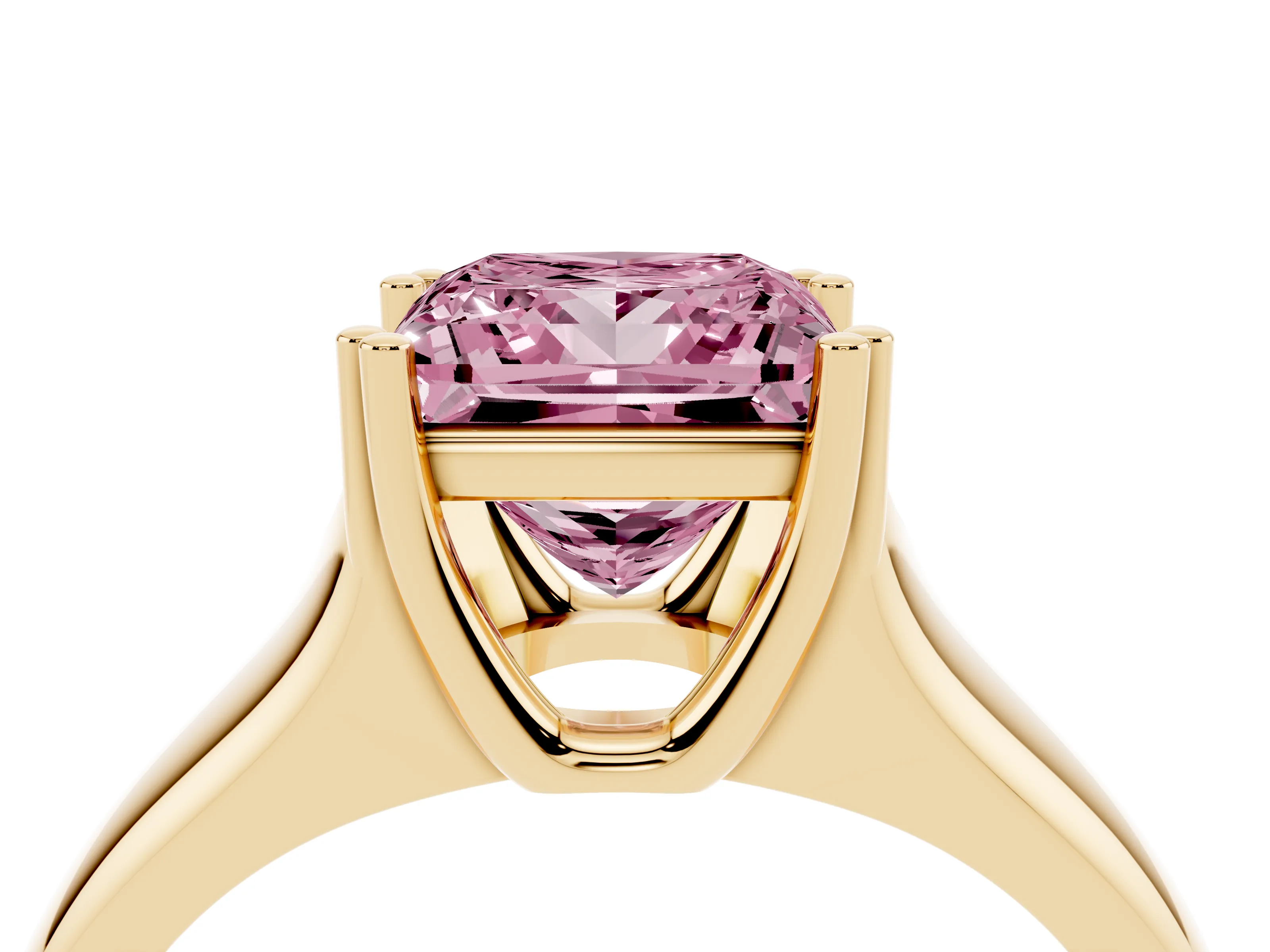 Fancy Pink Princess Cut Diamond Solitaire Ring Set in Yellow gold with Wide Band and Prong Setting