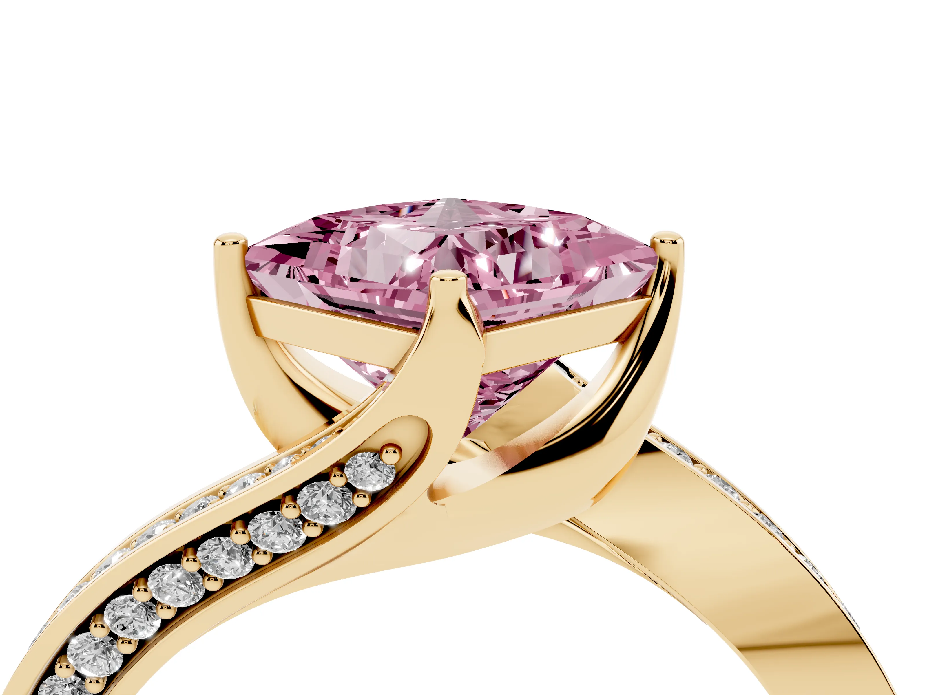 Fancy Pink Princess Cut Diamond Solitaire Ring Set in Yellow gold with Intertwined Pavé Twist Band