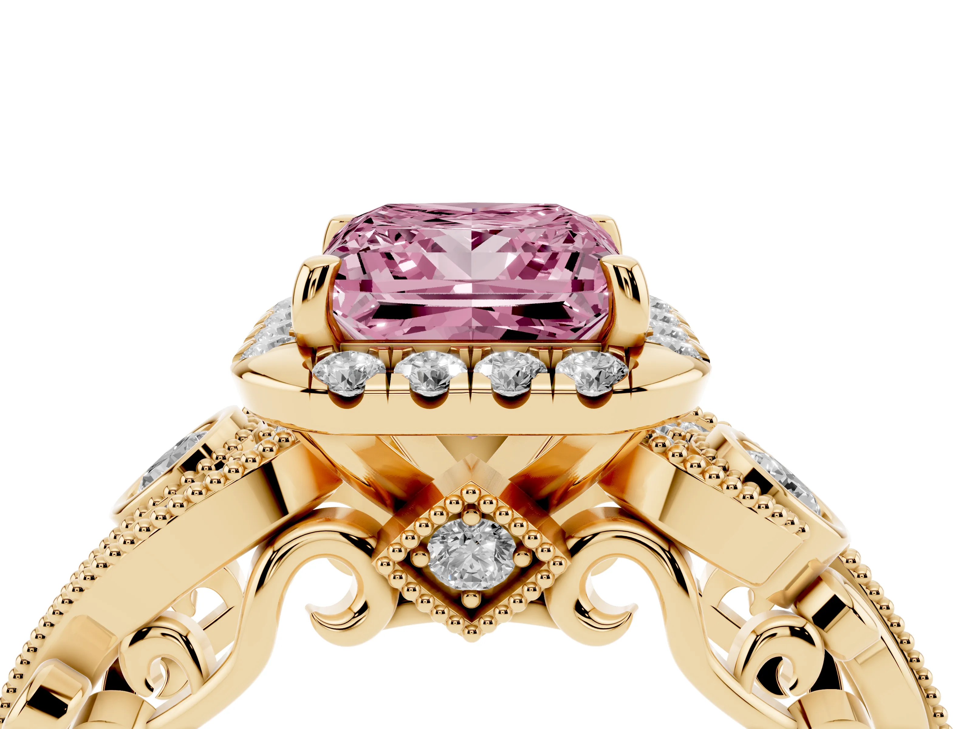 Fancy Pink Princess Cut Diamond Halo Split Shank Ring Set in Yellow gold with Milgrain and Bezel Accents