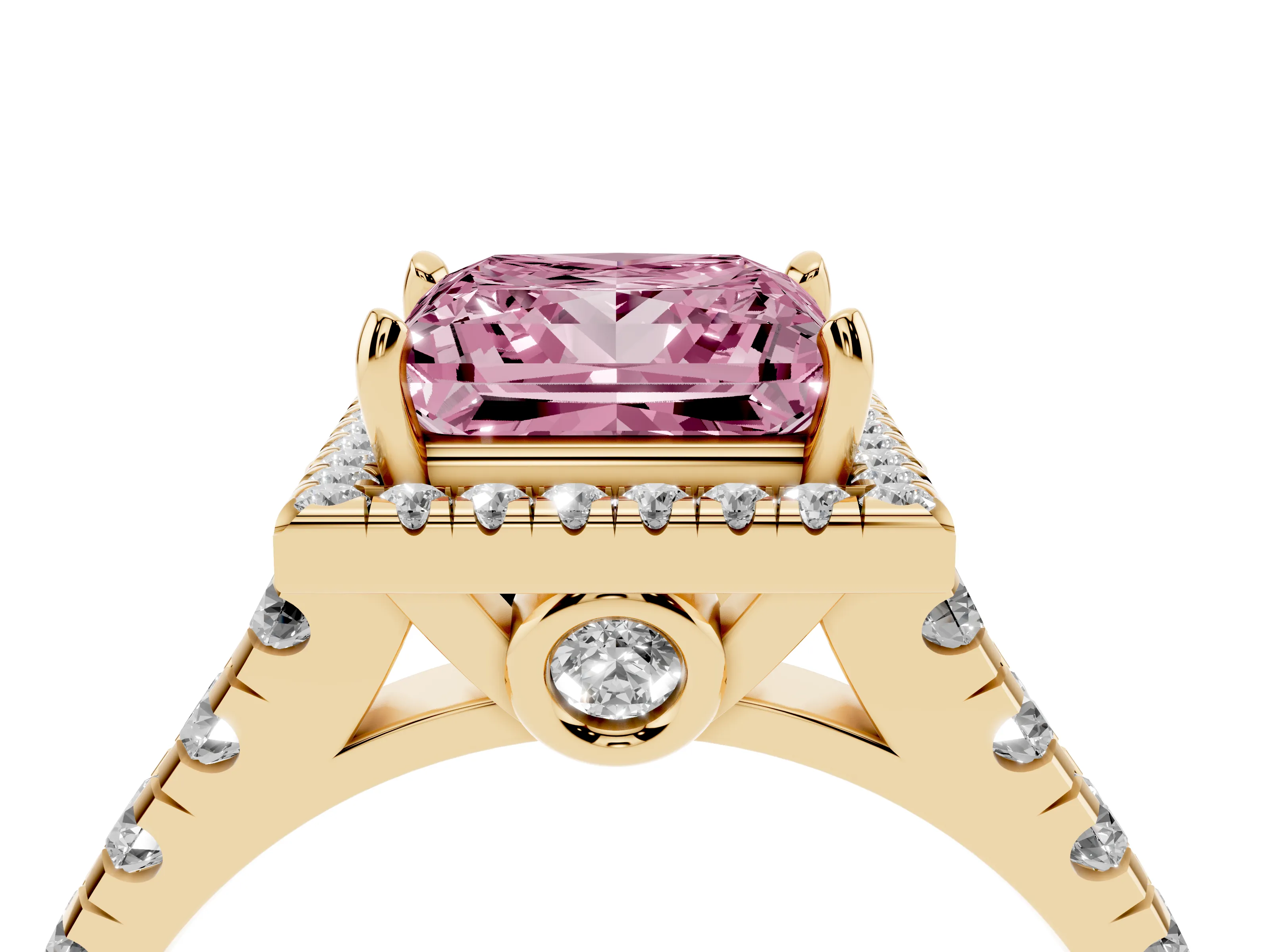 Fancy Pink Princess Cut Diamond Halo Engagement Ring Set in Yellow gold with Pavé Band and Prong-Set Center