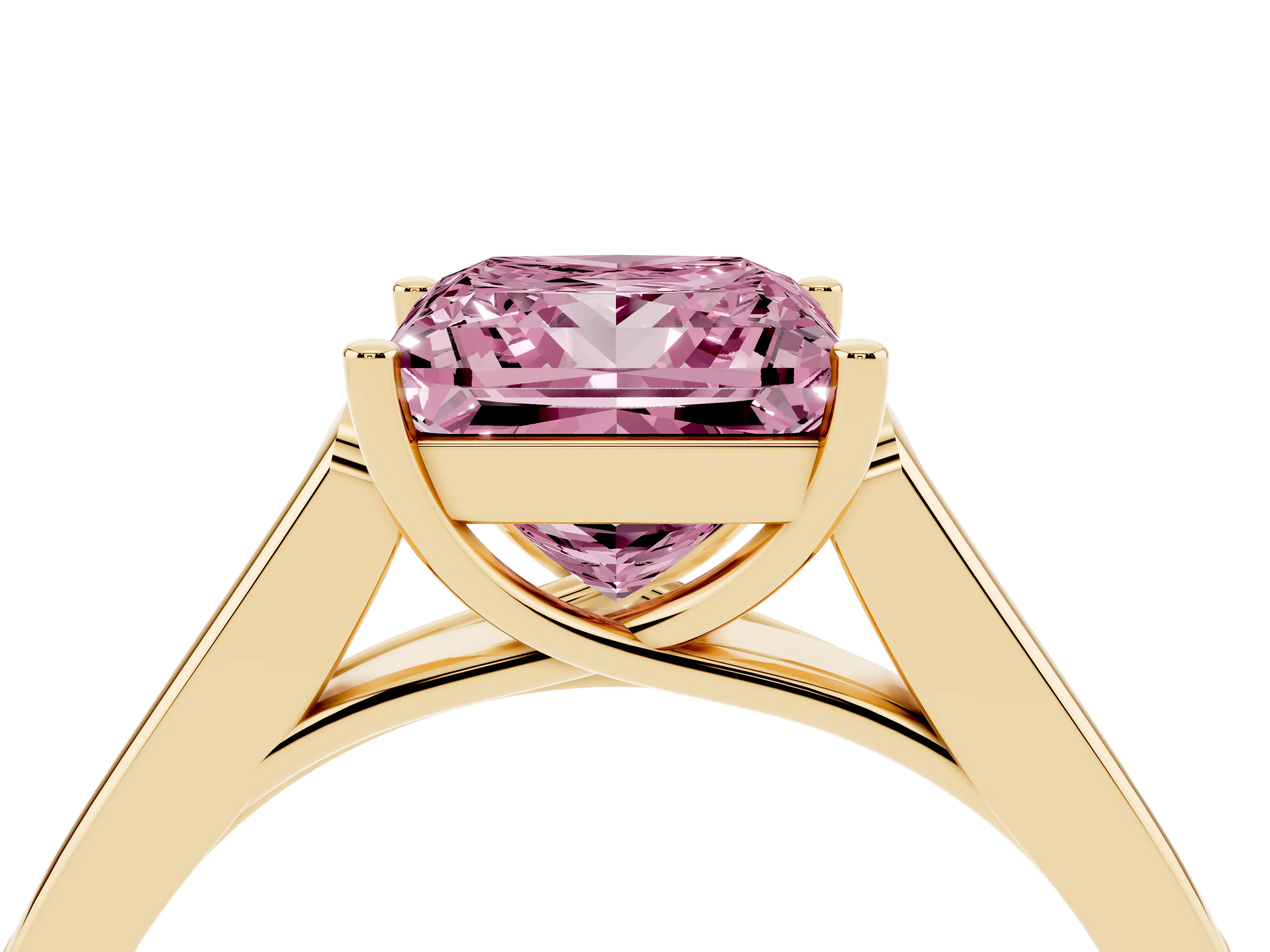 Fancy Pink Princess Cut Diamond Solitaire Cathedral Engagement Ring Set in Yellow gold with Channel-Set Band and Prong Setting