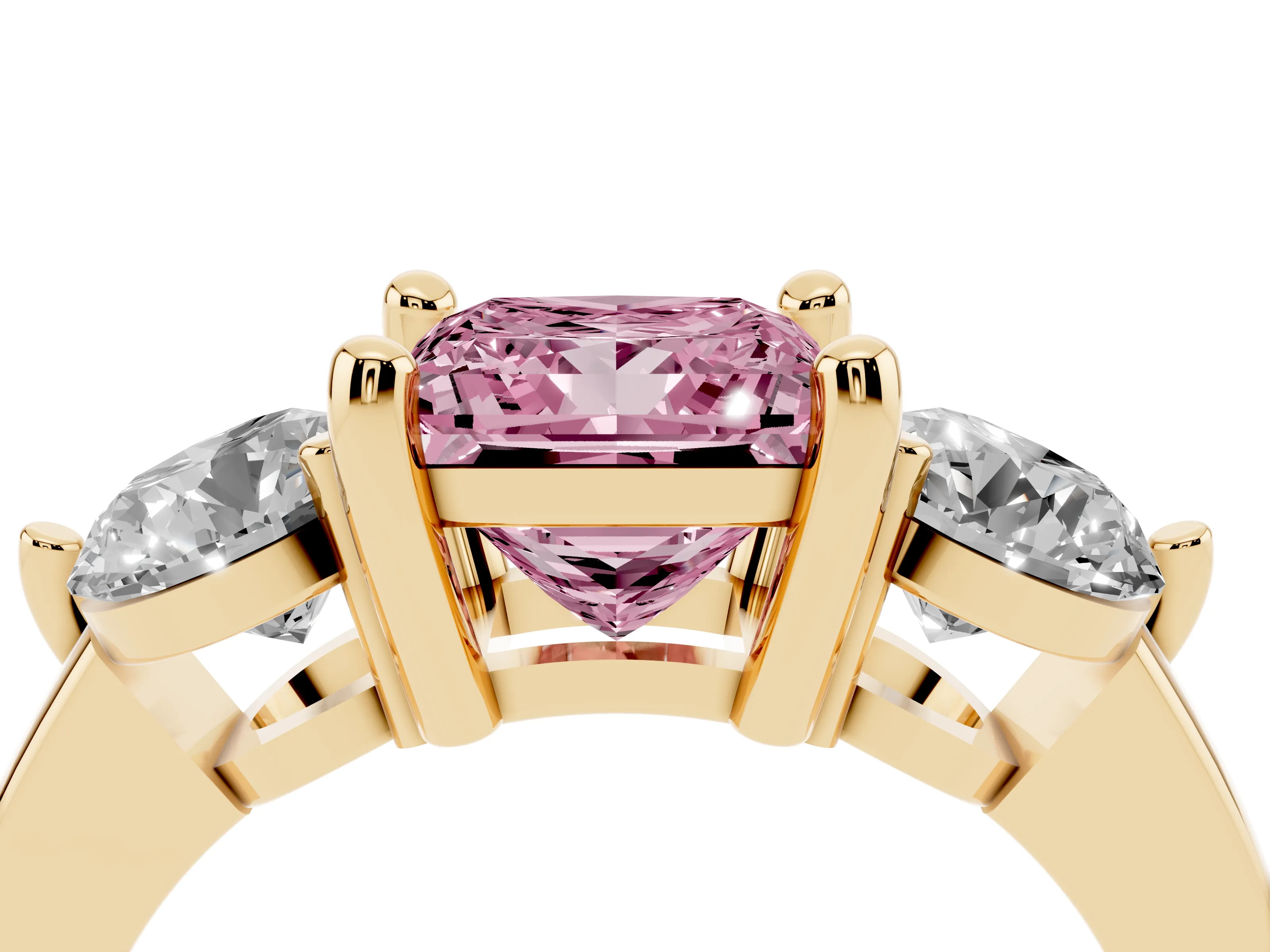 Fancy Pink Princess Cut Diamond Three-Stone Ring Set in Yellow gold with Prong Setting and Classic Band