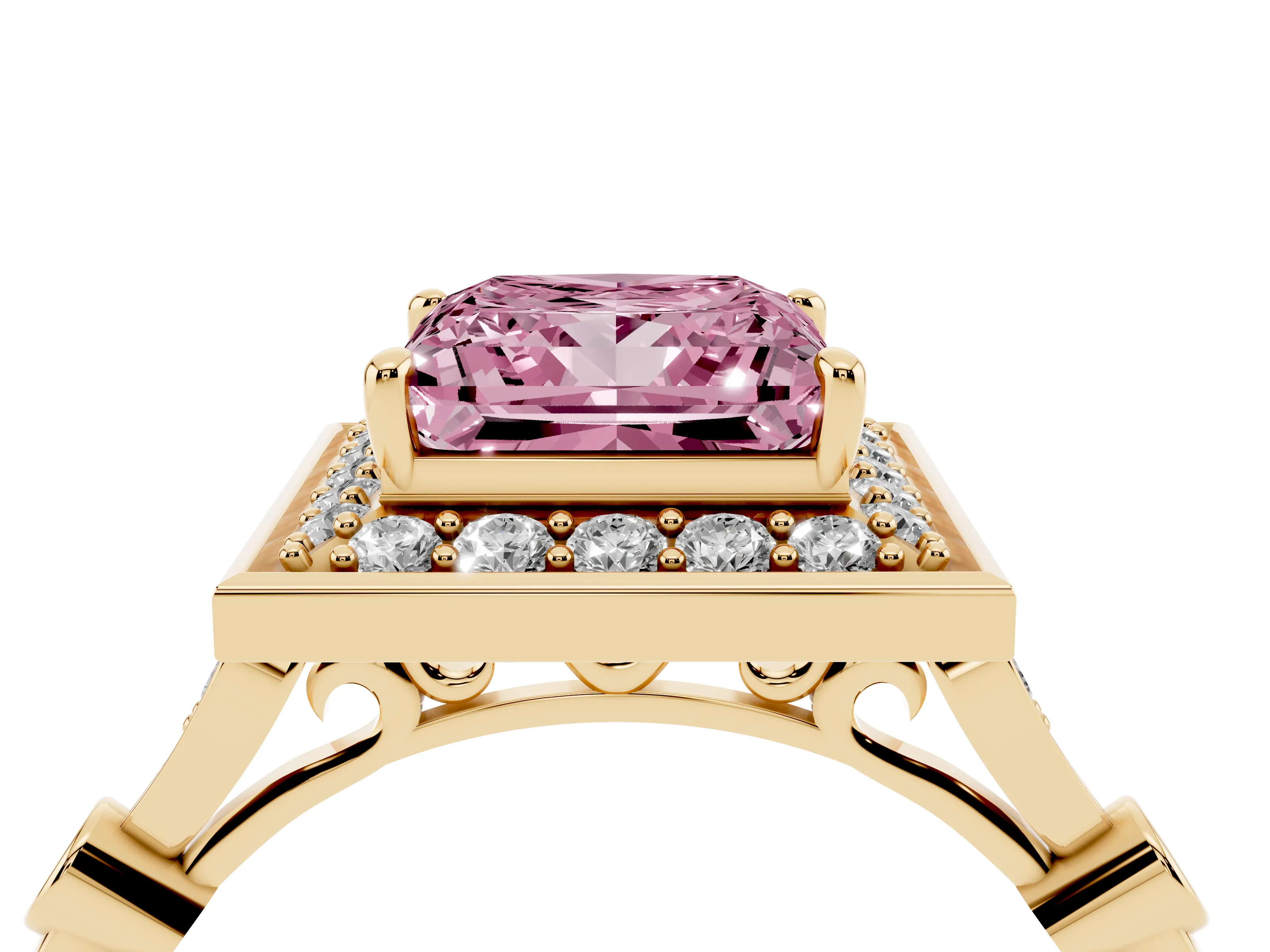 Fancy Pink Princess Cut Diamond Halo Engagement Ring Set in Yellow gold with Twisted Band and Prong Setting