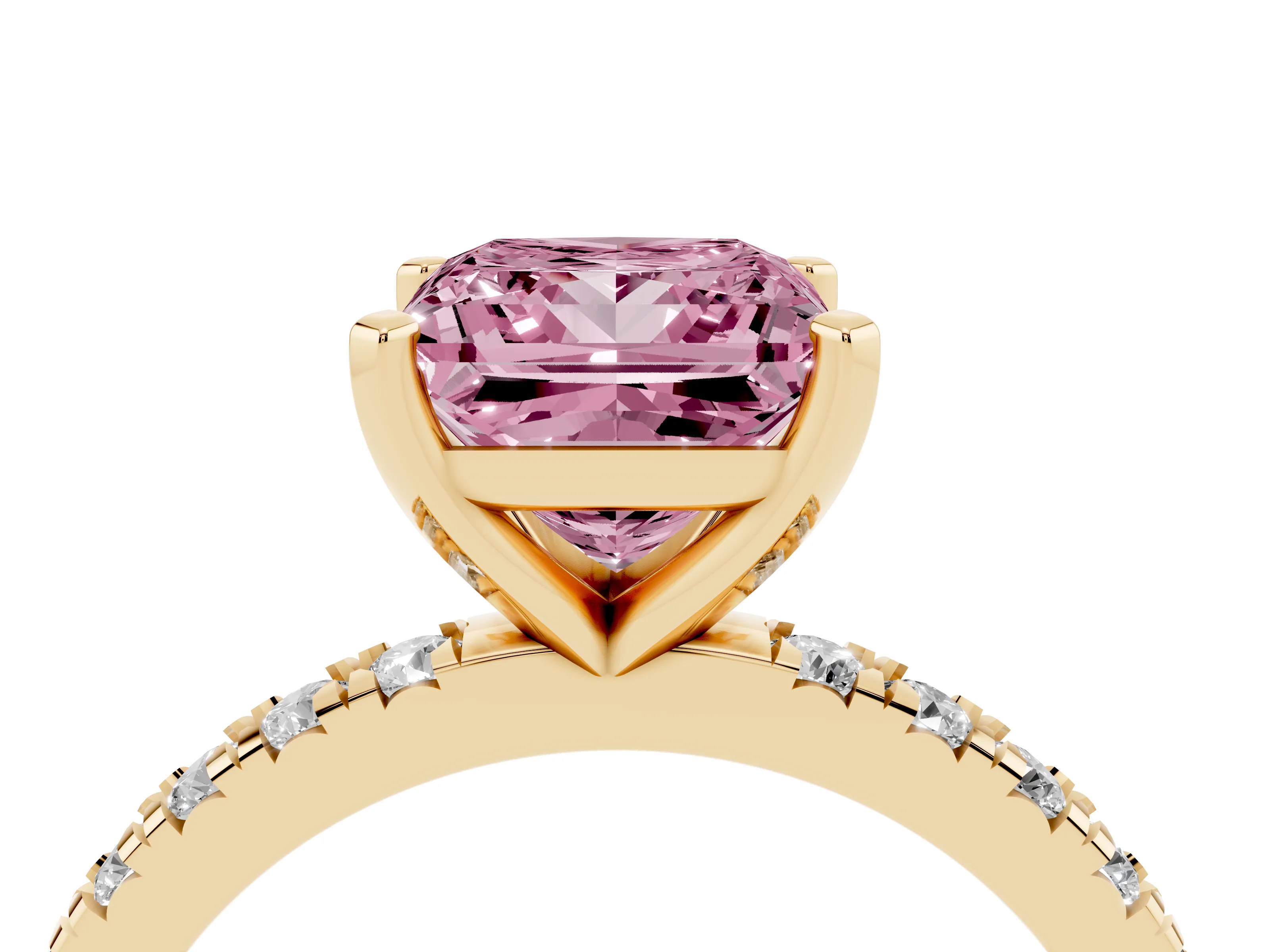 Fancy Pink Princess Cut Diamond Pavé Band Solitaire Set in Yellow gold with Prong Setting