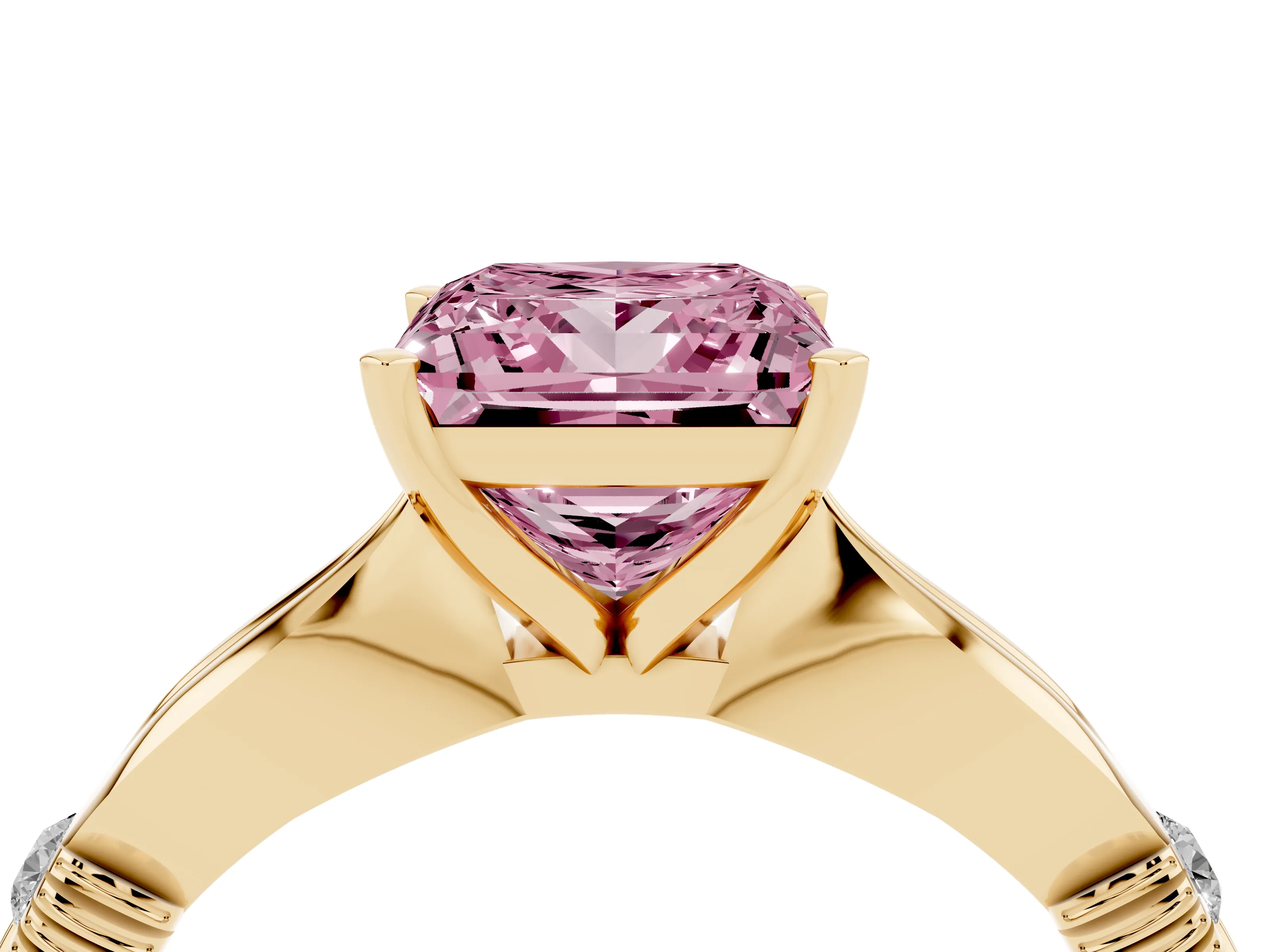 Fancy Pink Princess Cut Diamond Solitaire Twisted Band Ring Set in Yellow gold with Accent Stones and Prong Setting