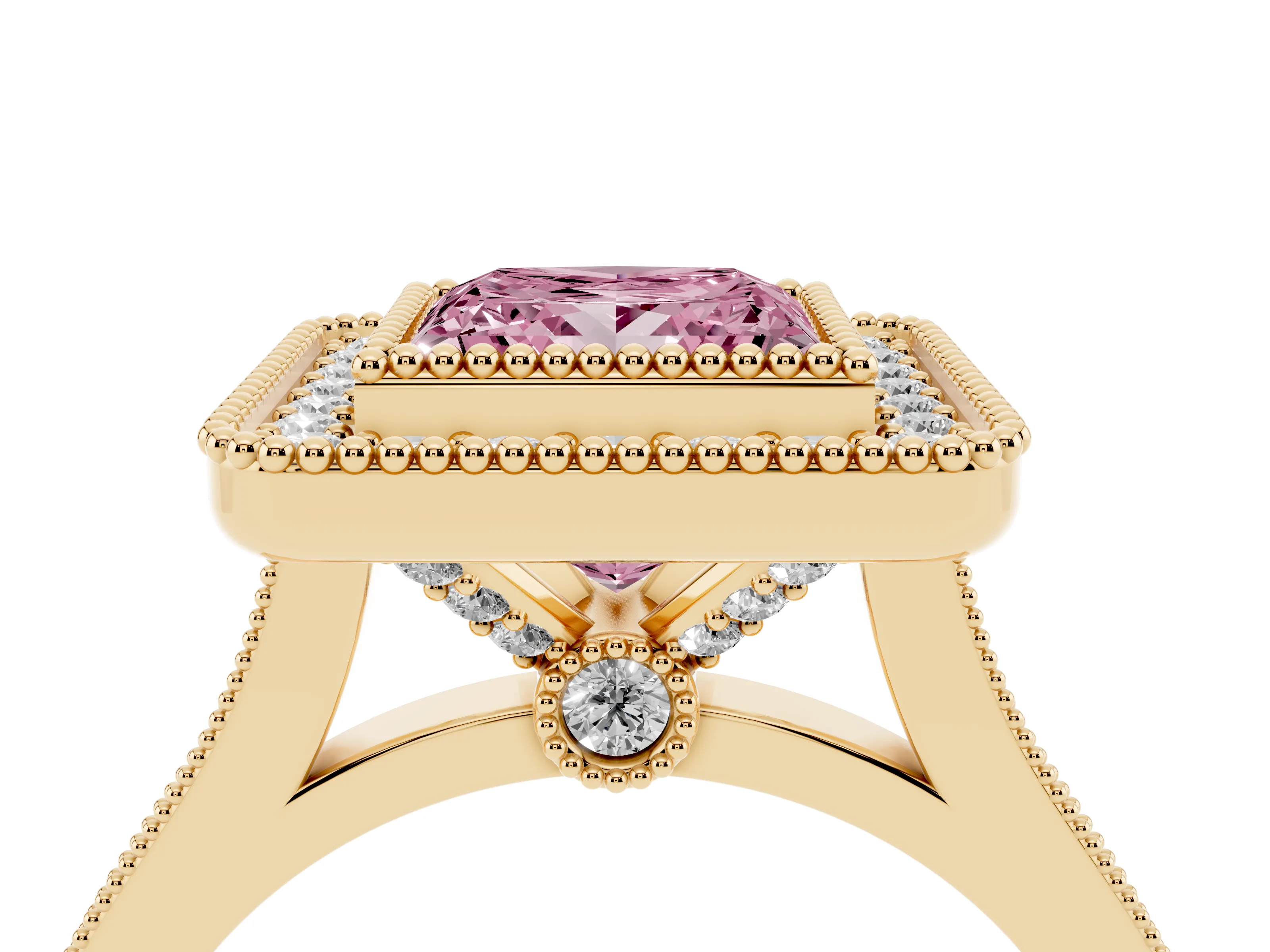 Fancy Pink Princess Cut Diamond Halo Ring Set in Yellow gold with Milgrain Frame and Pavé Band