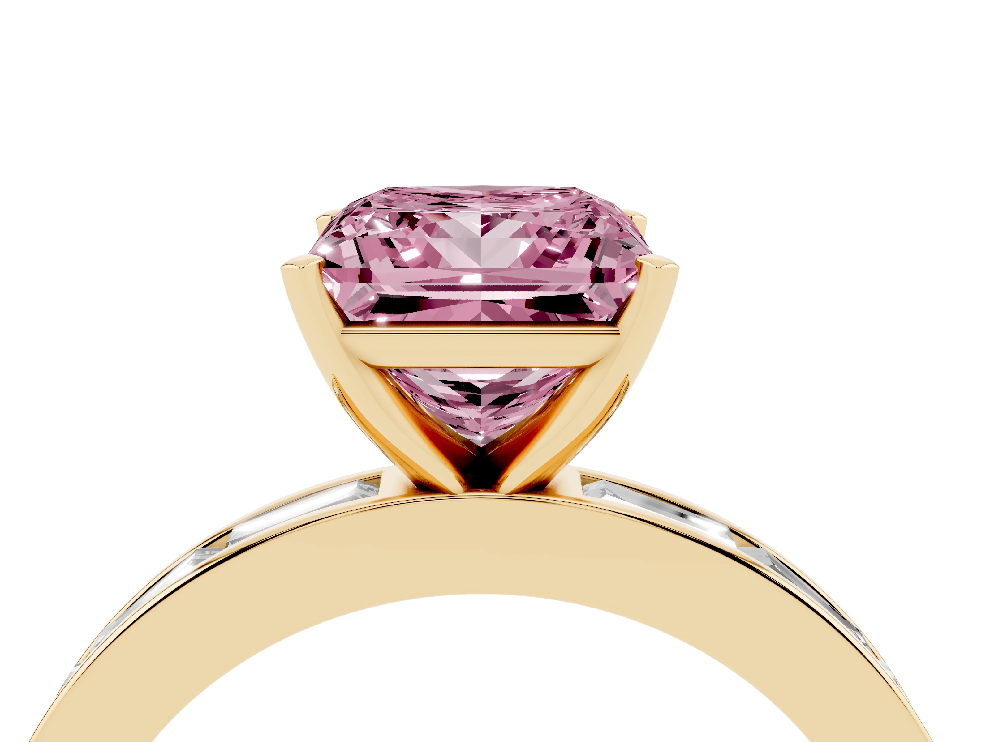 Fancy Pink Princess Cut Diamond Solitaire Ring Set in Yellow gold with Channel-Set Baguette Band and Prong Setting