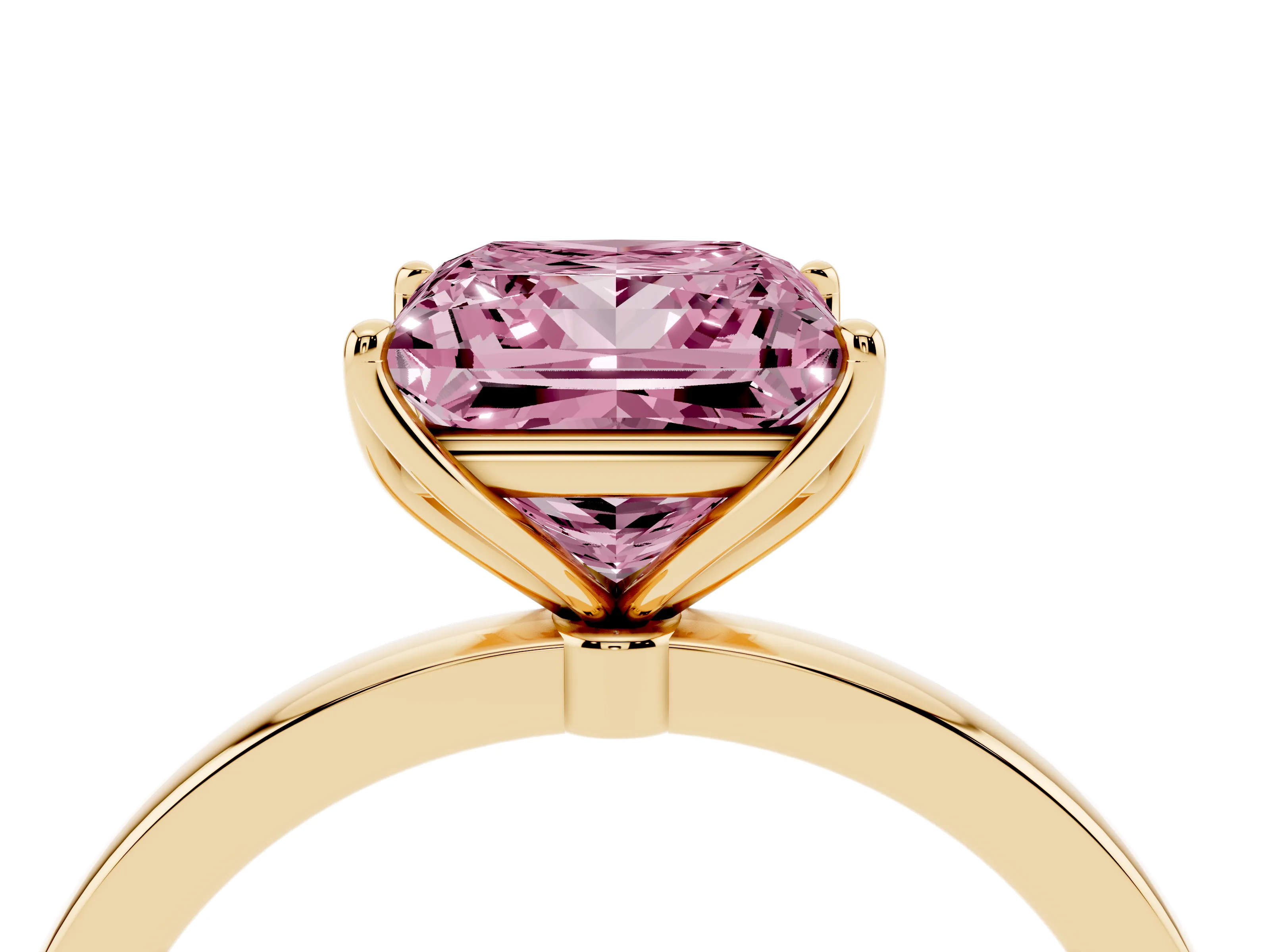 Fancy Pink Princess Cut Diamond Solitaire Ring Set in Yellow gold with Prong Setting and Thin Polished Band