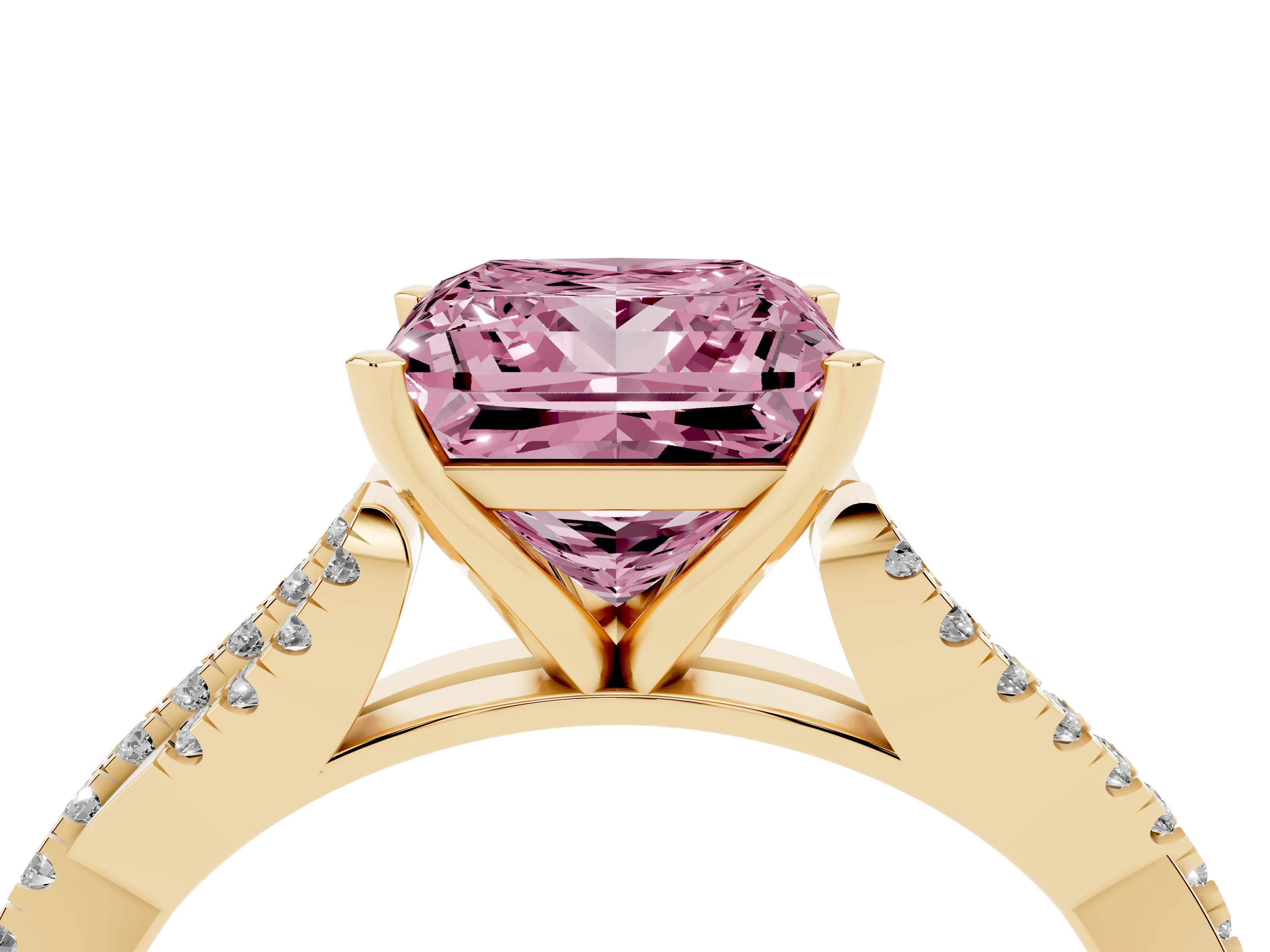 Fancy Pink Princess Cut Diamond Solitaire Engagement Ring Set in Yellow gold with Twisted Pavé Band and Prong Setting