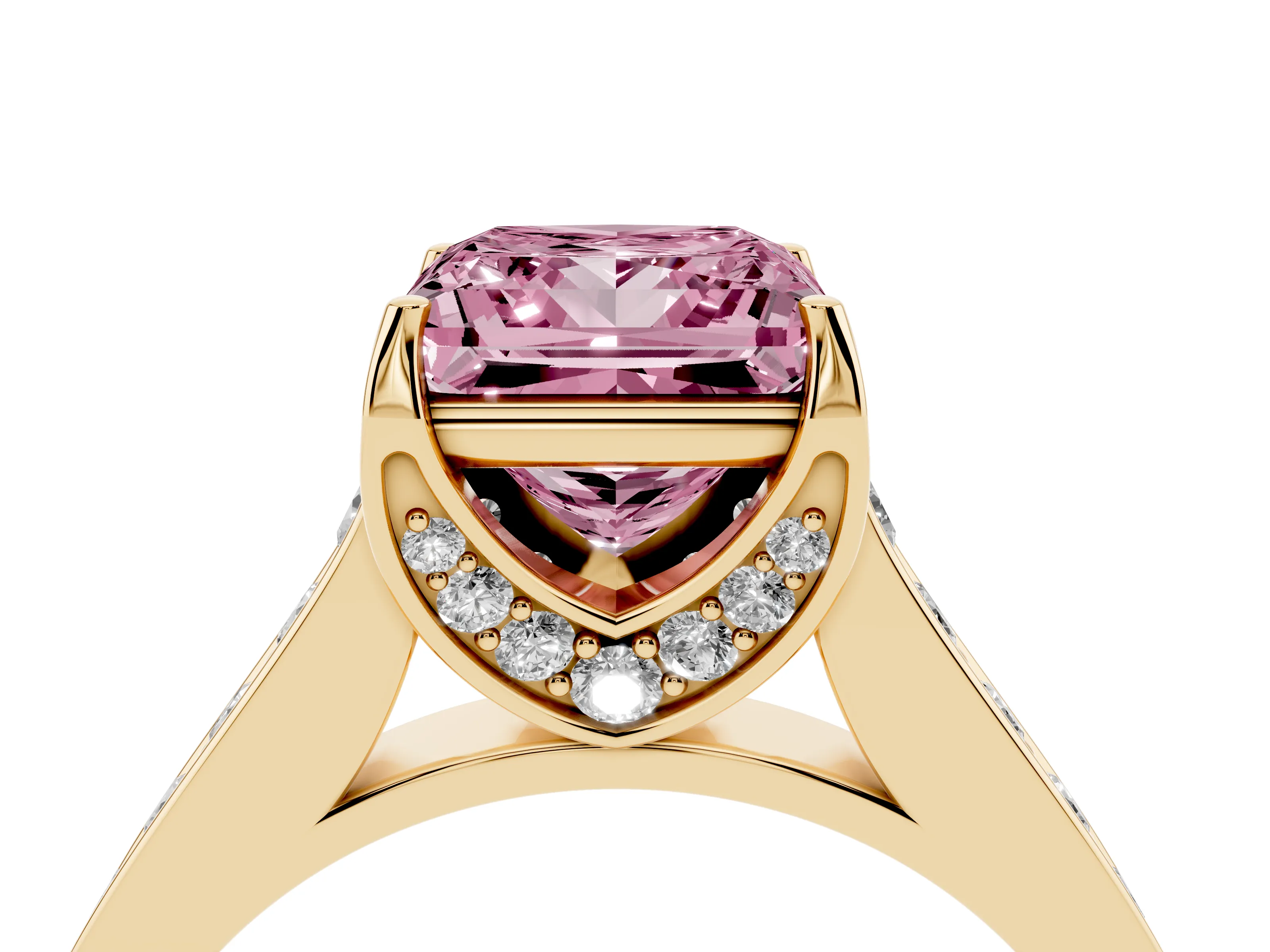 Fancy Pink Princess Cut Diamond Solitaire Pavé Engagement Ring Set in Yellow gold with Prong Setting
