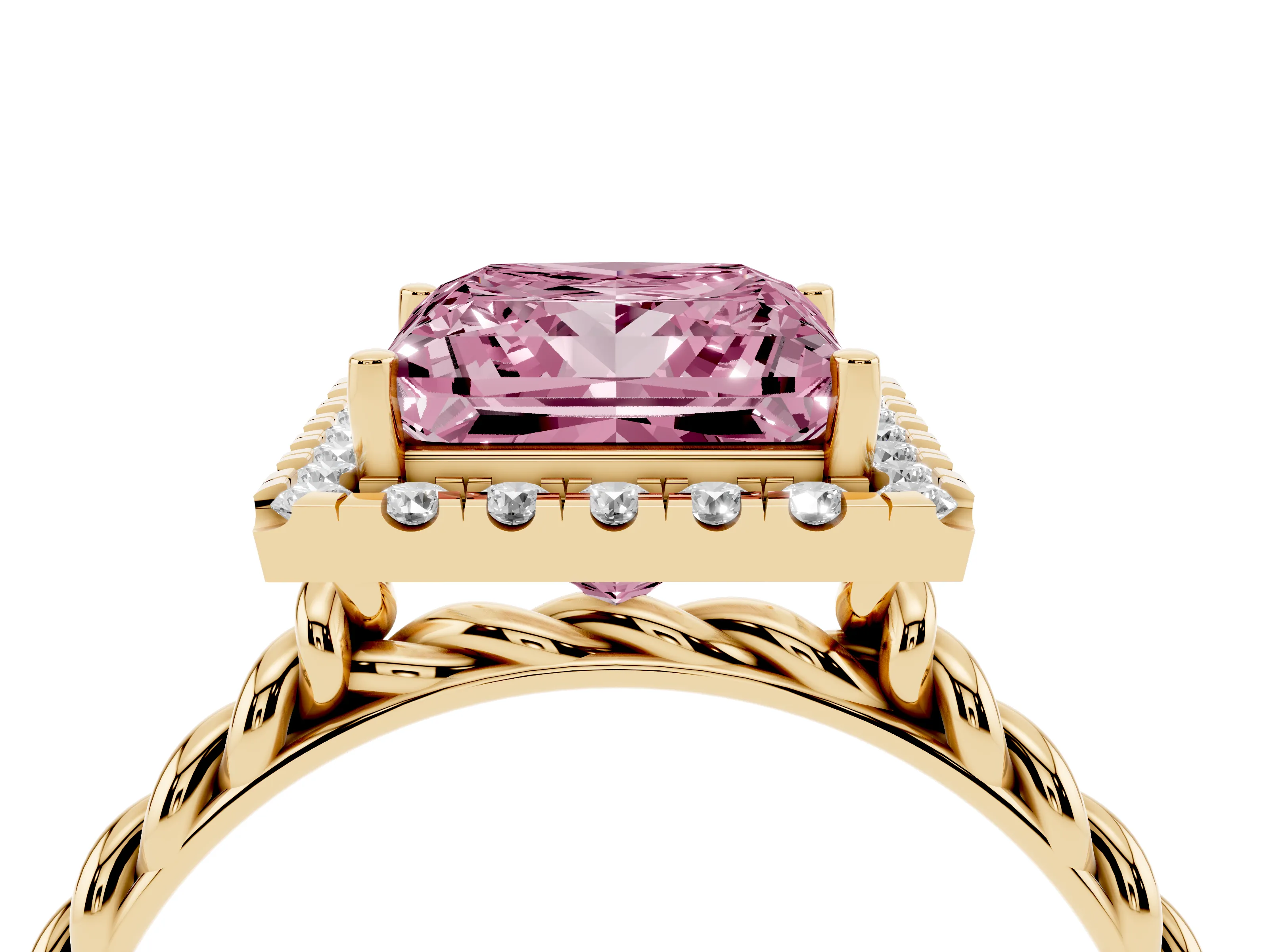 Fancy Pink Princess Cut Diamond Halo Ring Set in Yellow gold with Plain Twisted Band