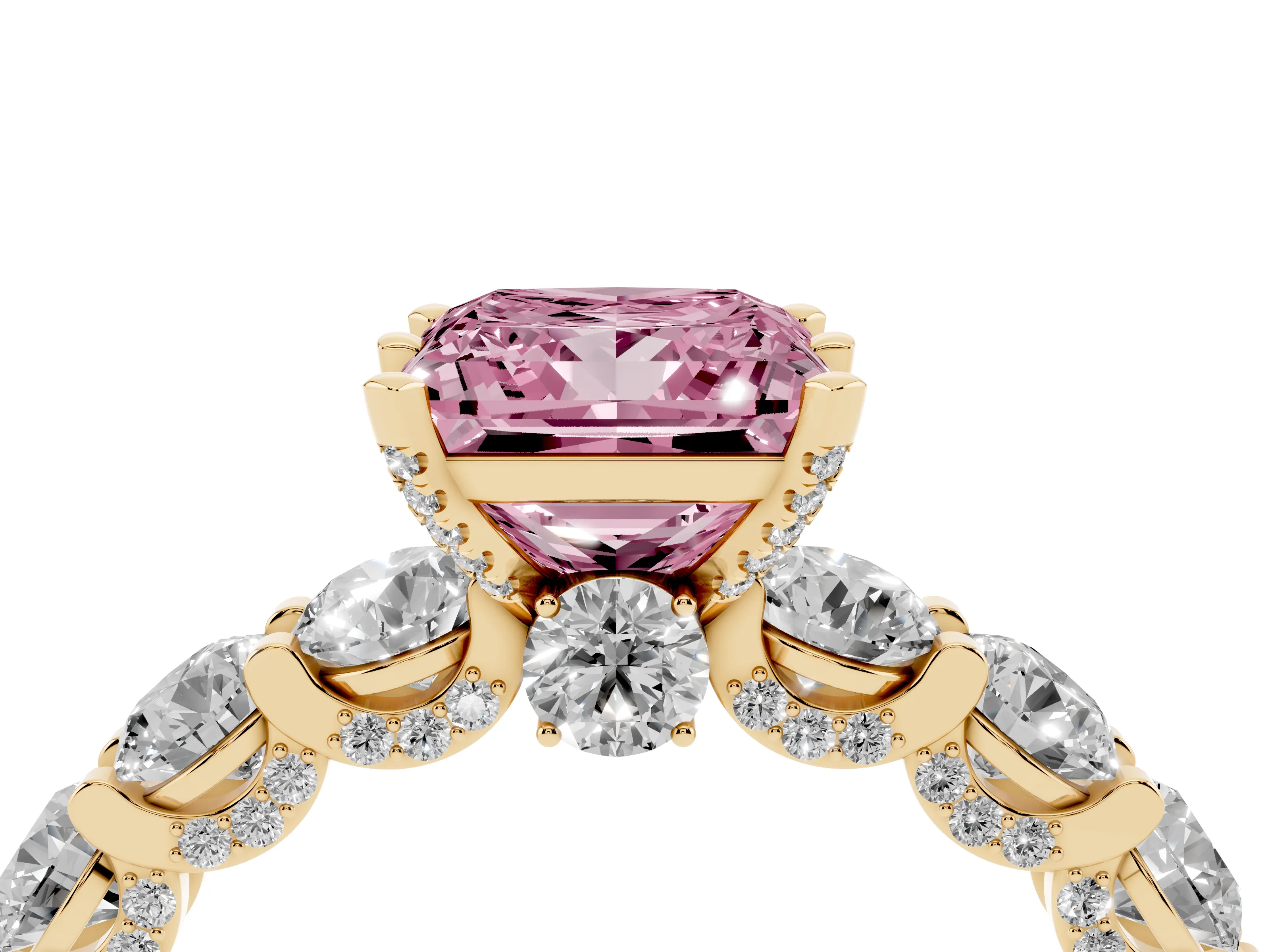 Fancy Pink Princess Cut Diamond Side Stone Ring Set in Yellow gold with Alternating Round and Oval Side Stones
