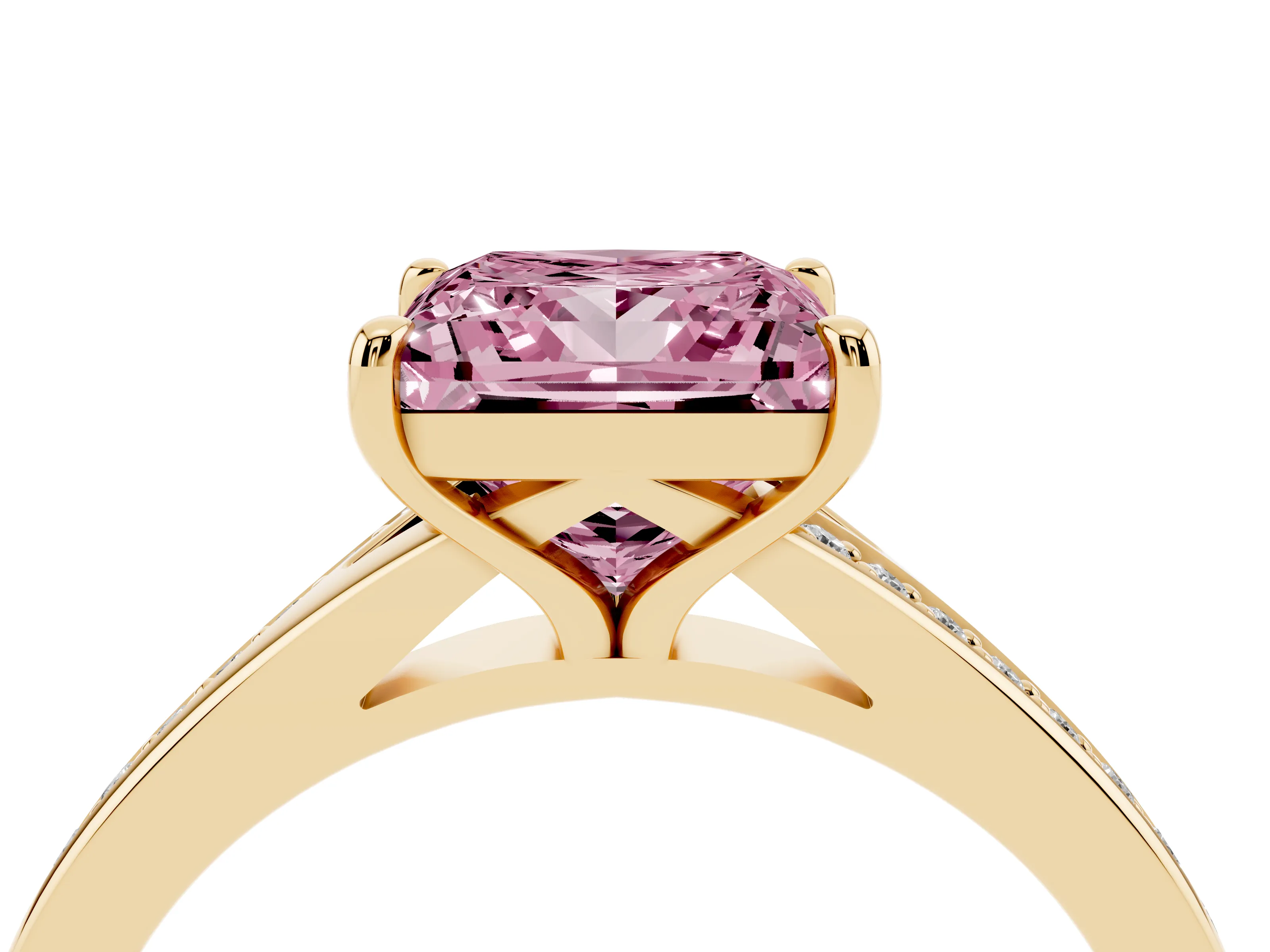 Fancy Pink Princess Cut Diamond Solitaire Ring Set in Yellow gold with Pavé Accent Band and Classic Prong Setting