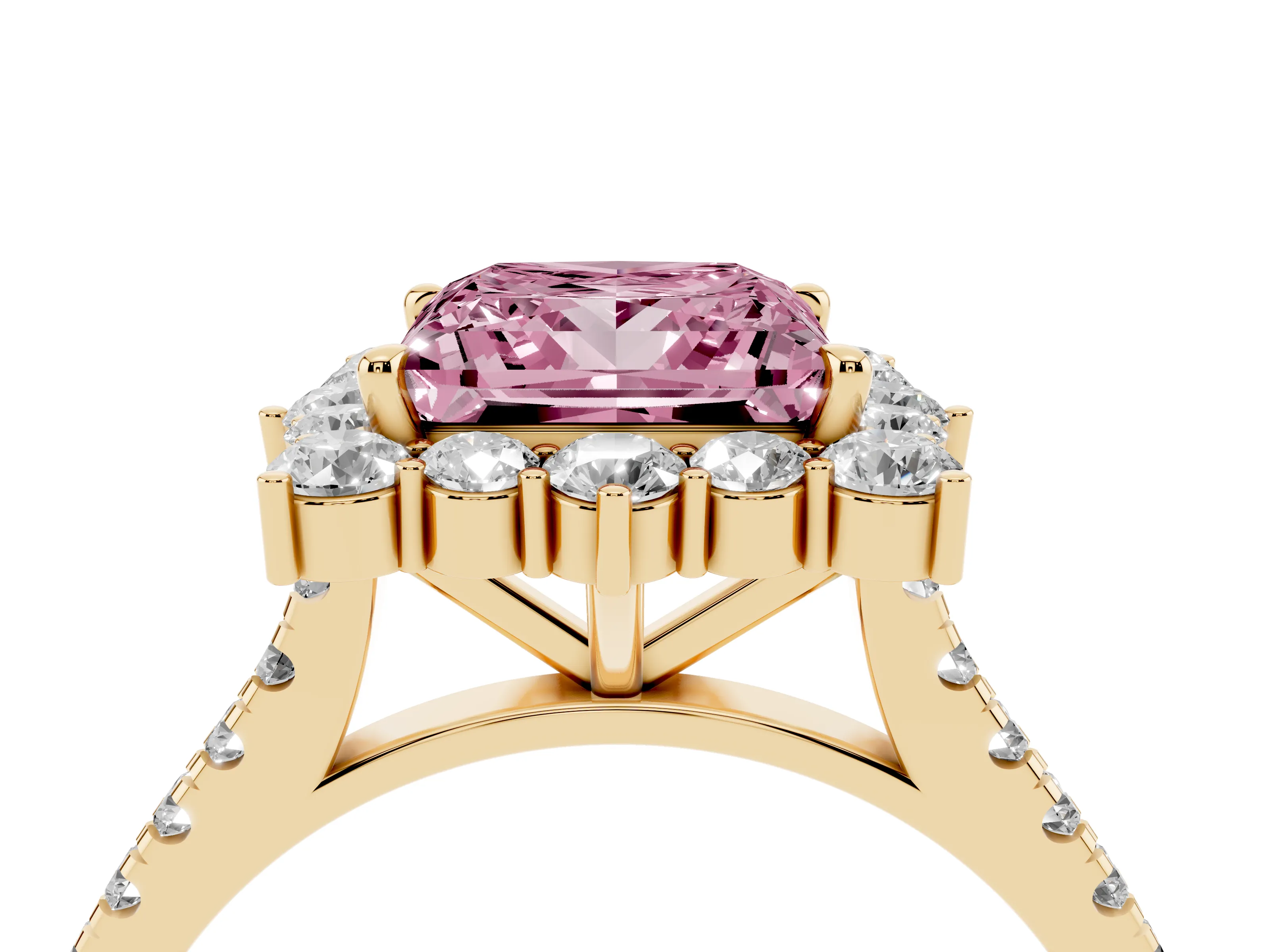 Fancy Pink Princess Cut Diamond Halo Ring Set in Yellow gold with Pavé Band and Prong Setting