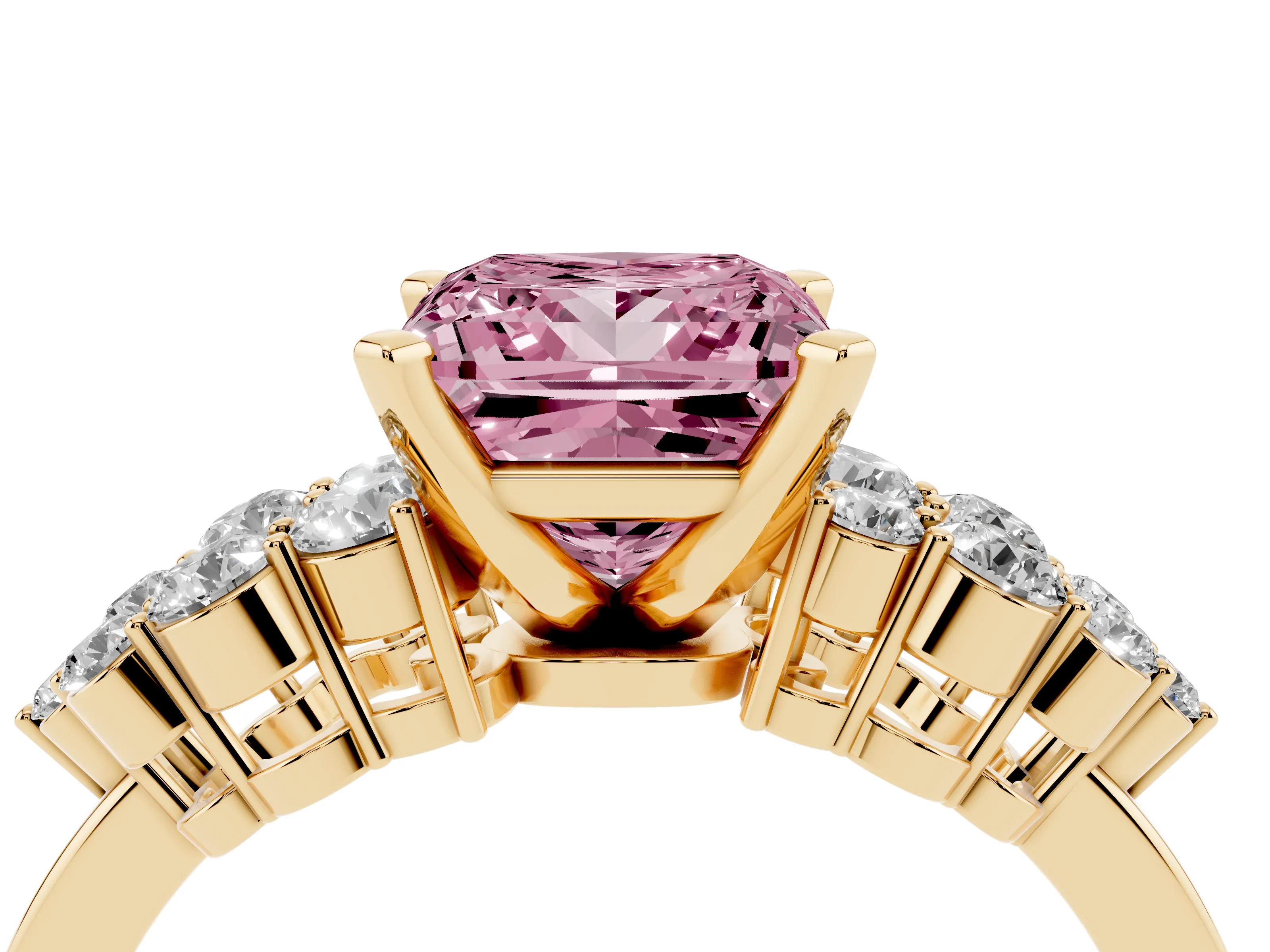 Fancy Pink Princess Cut Diamond Cluster Engagement Ring Set in Yellow gold with Pavé Band and Prong Setting