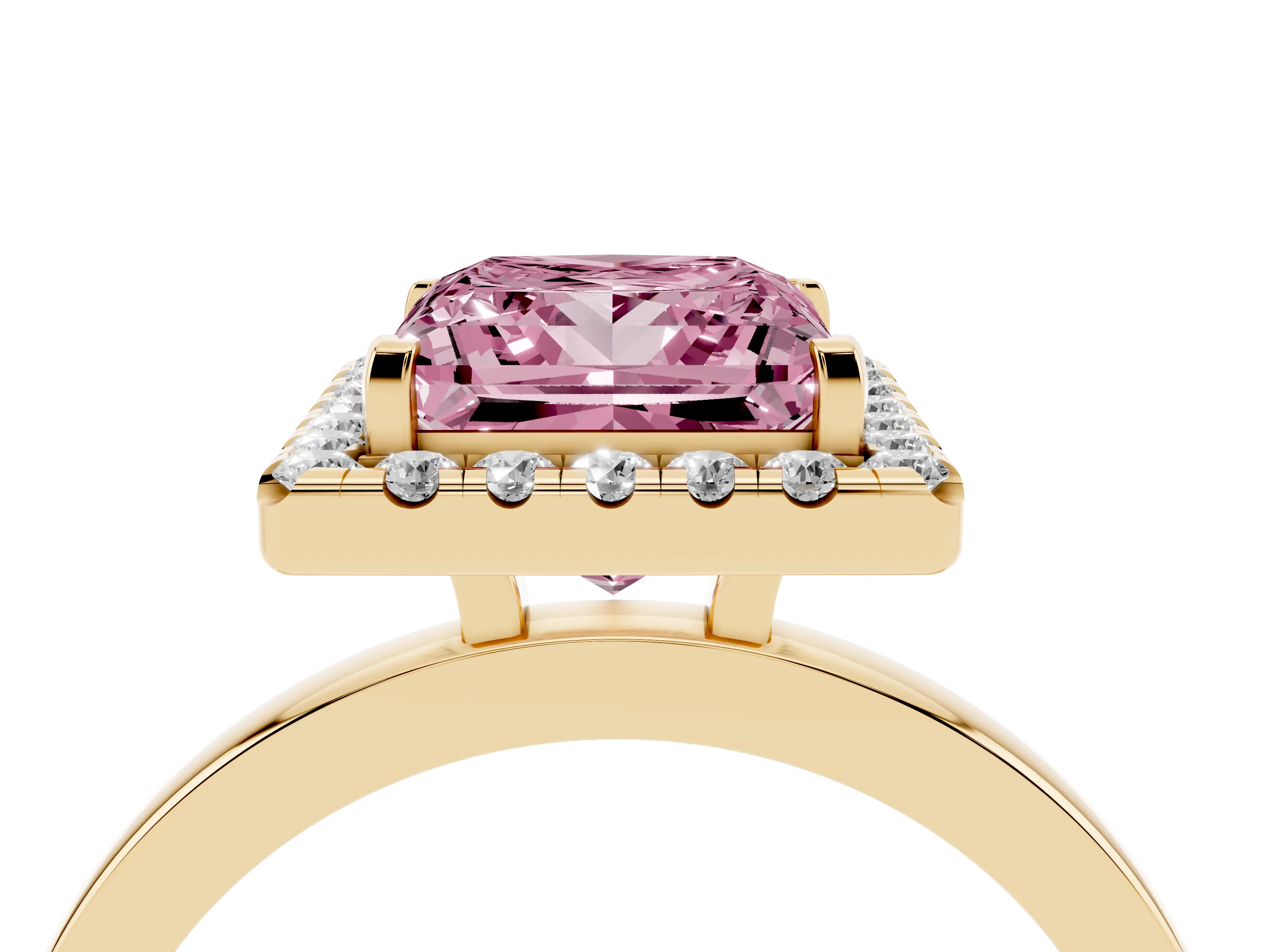 Fancy Pink Princess Cut Diamond Halo Solitaire Ring Set in Yellow gold with Pavé Band and Prong Setting