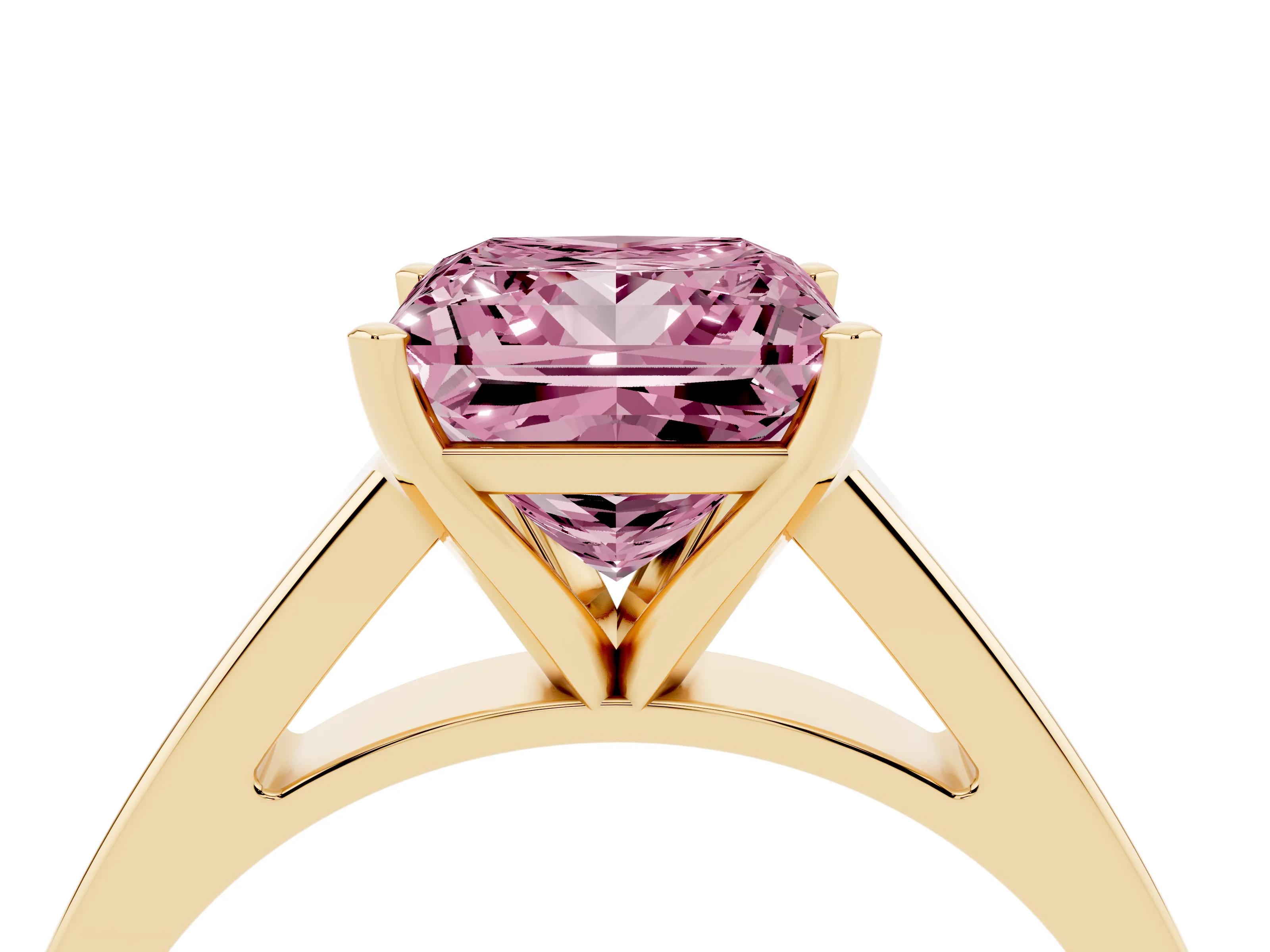 Fancy Pink Princess Cut Diamond Solitaire Engagement Ring Set in Yellow gold with Prong Setting and Tapered Band