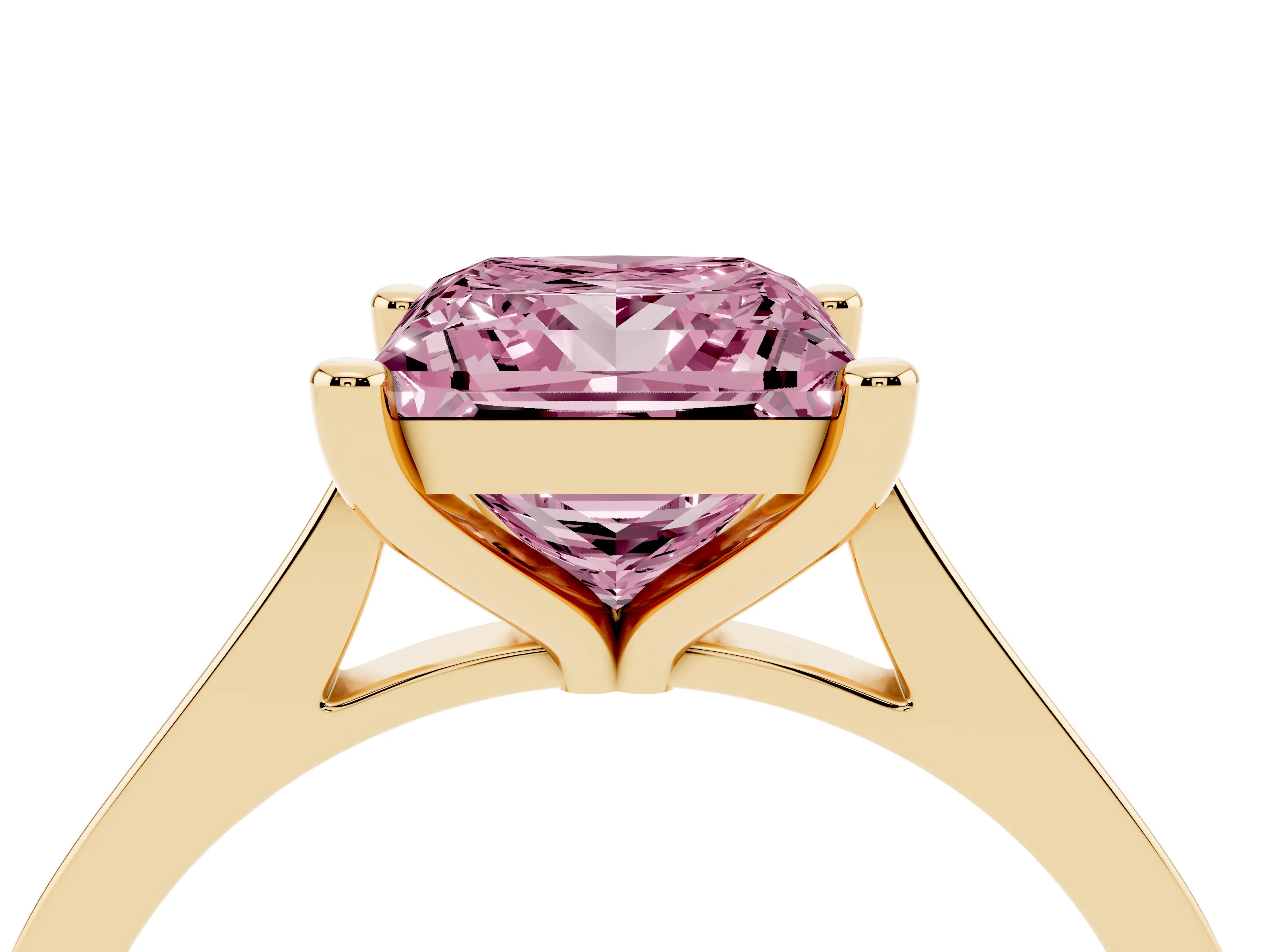 Fancy Pink Princess Cut Diamond Solitaire Ring Set in Yellow gold with Prong Setting and Tapered Band