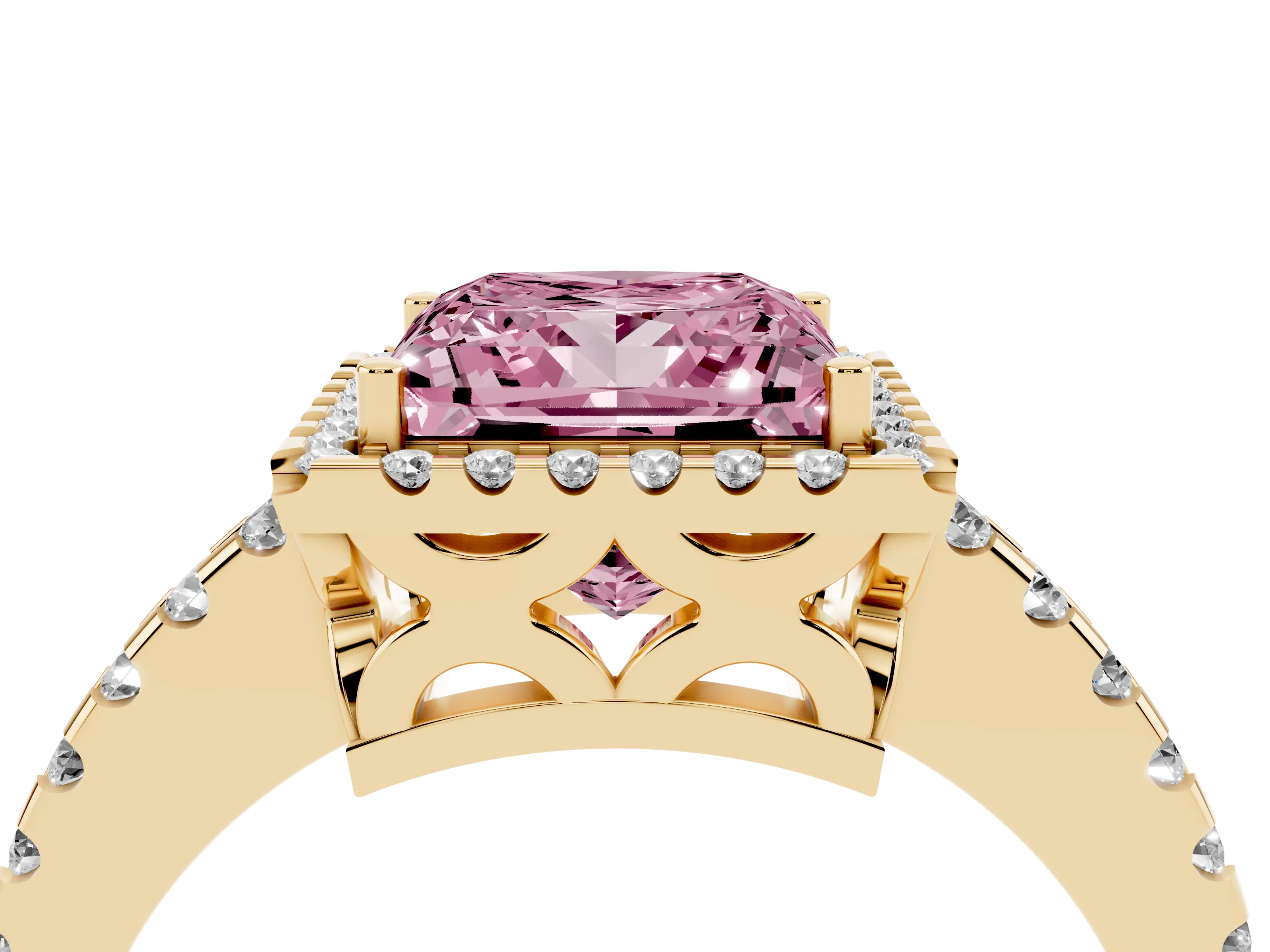 Fancy Pink Princess Cut Diamond Halo Ring Set in Yellow gold with Pavé Shoulders and Halo-Framed Center