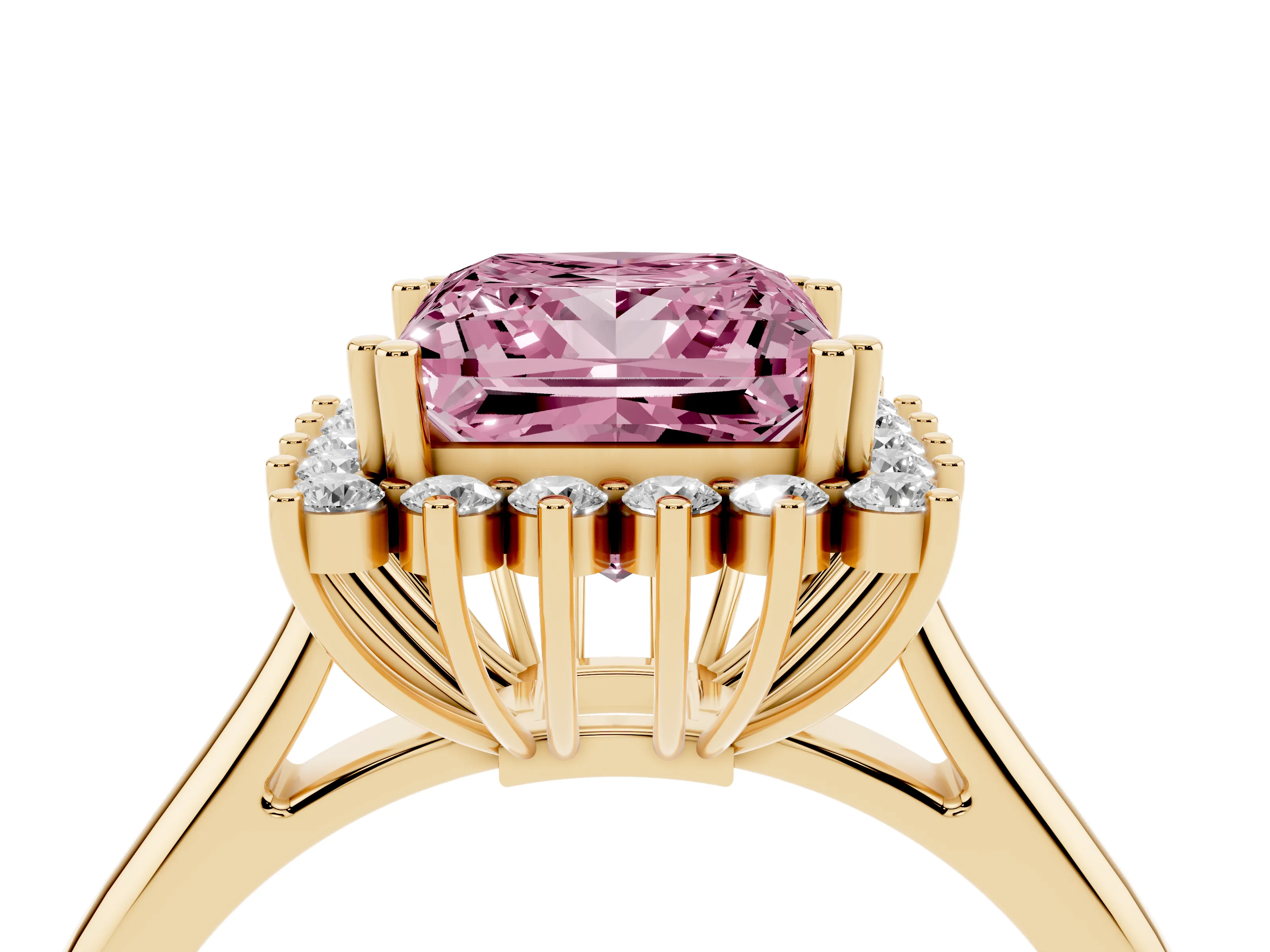 Fancy Pink Princess Cut Diamond Halo Ring Set in Yellow gold with Plain Solitaire Band and Prong Setting