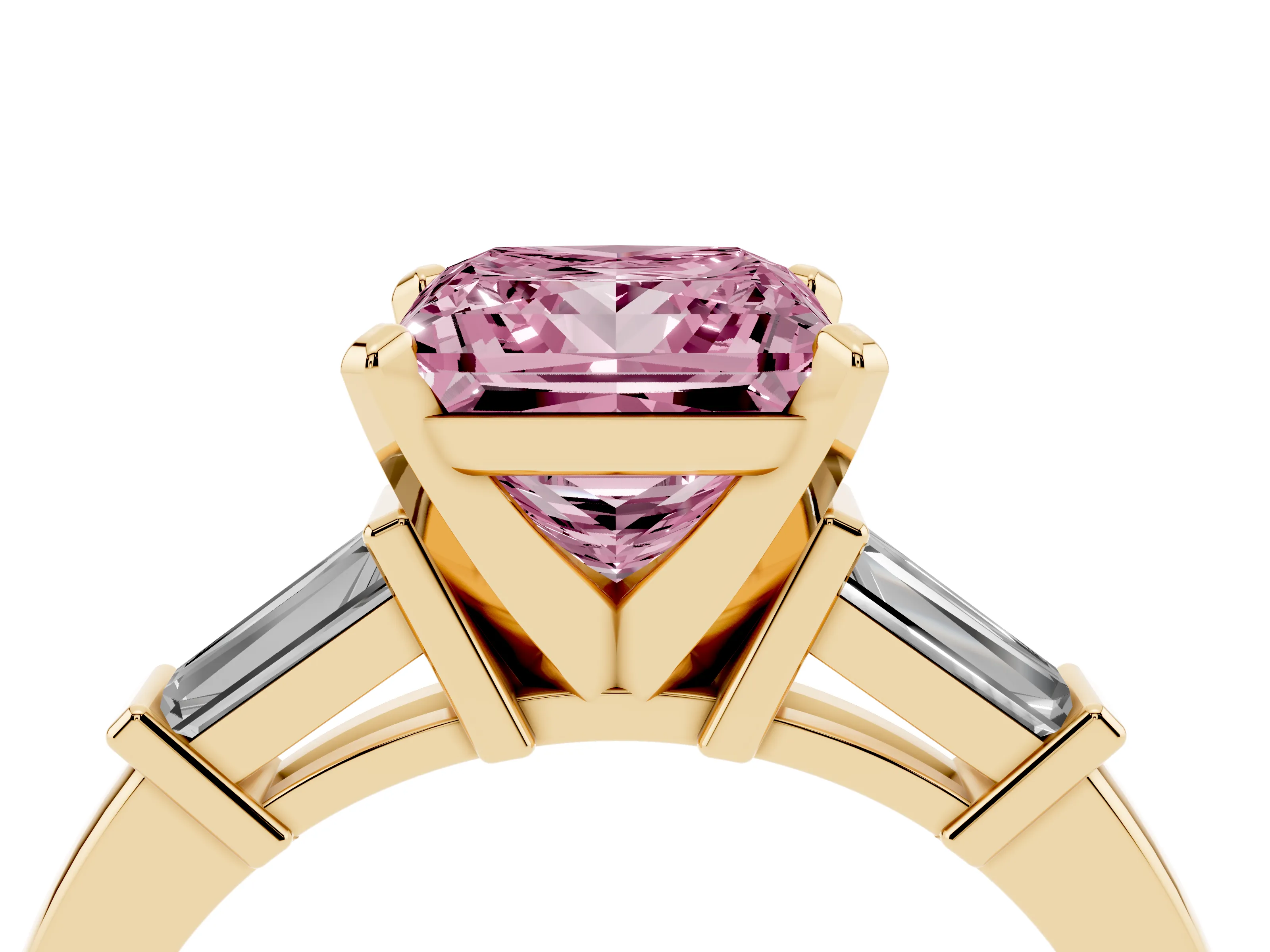 Fancy Pink Princess Cut Diamond Solitaire Ring Set in Yellow gold with Tapered Baguette Accents and Prong Setting