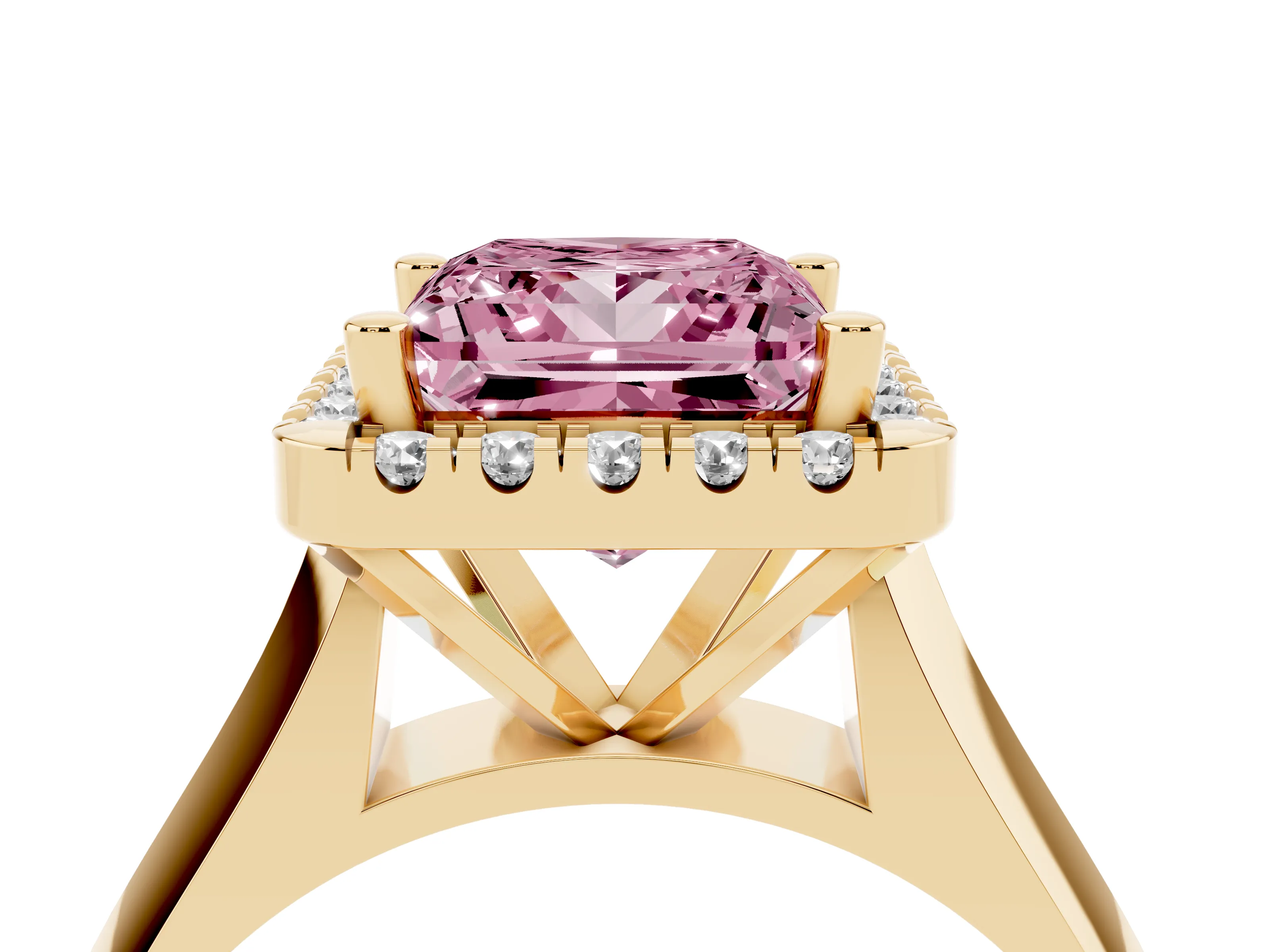 Fancy Pink Princess Cut Diamond Halo Solitaire Engagement Ring Set in Yellow gold with Square Band and Prong Setting