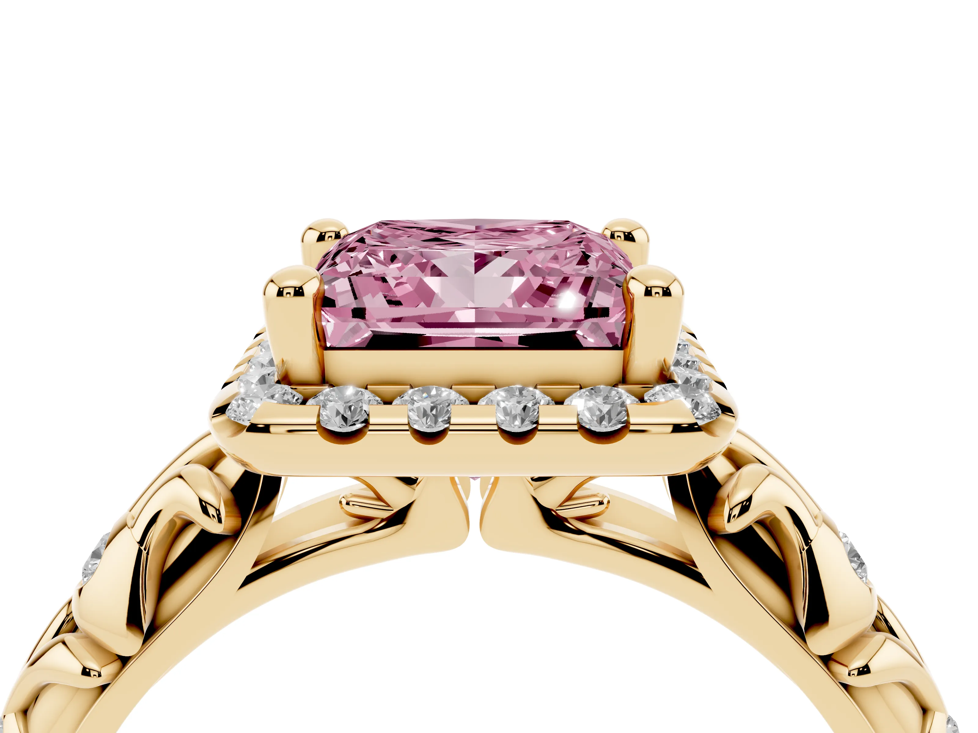 Fancy Pink Princess Cut Diamond Halo Ring Set in Yellow gold with Filigree Leaf Band and Prong Setting